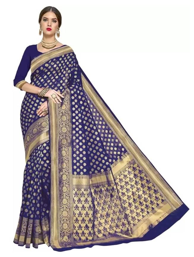     			Suali Silk Woven Banarasi saree With Unstitched Blouse Piece ( Navy Blue )