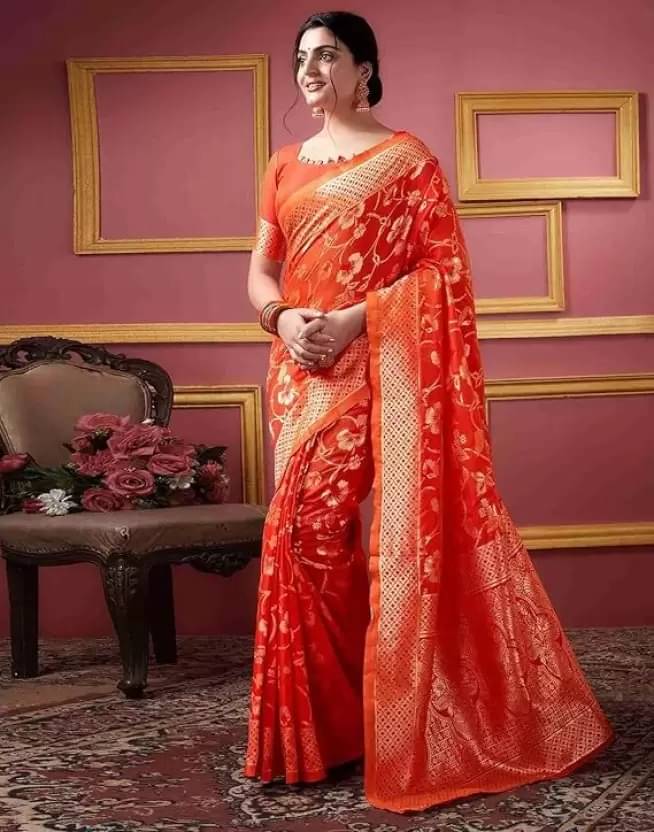 Suali Silk Woven Banarasi saree With Unstitched Blouse Piece ( Orange ) Suali Silk Woven Banarasi saree With Unstitched Blouse Piece ( Orange )