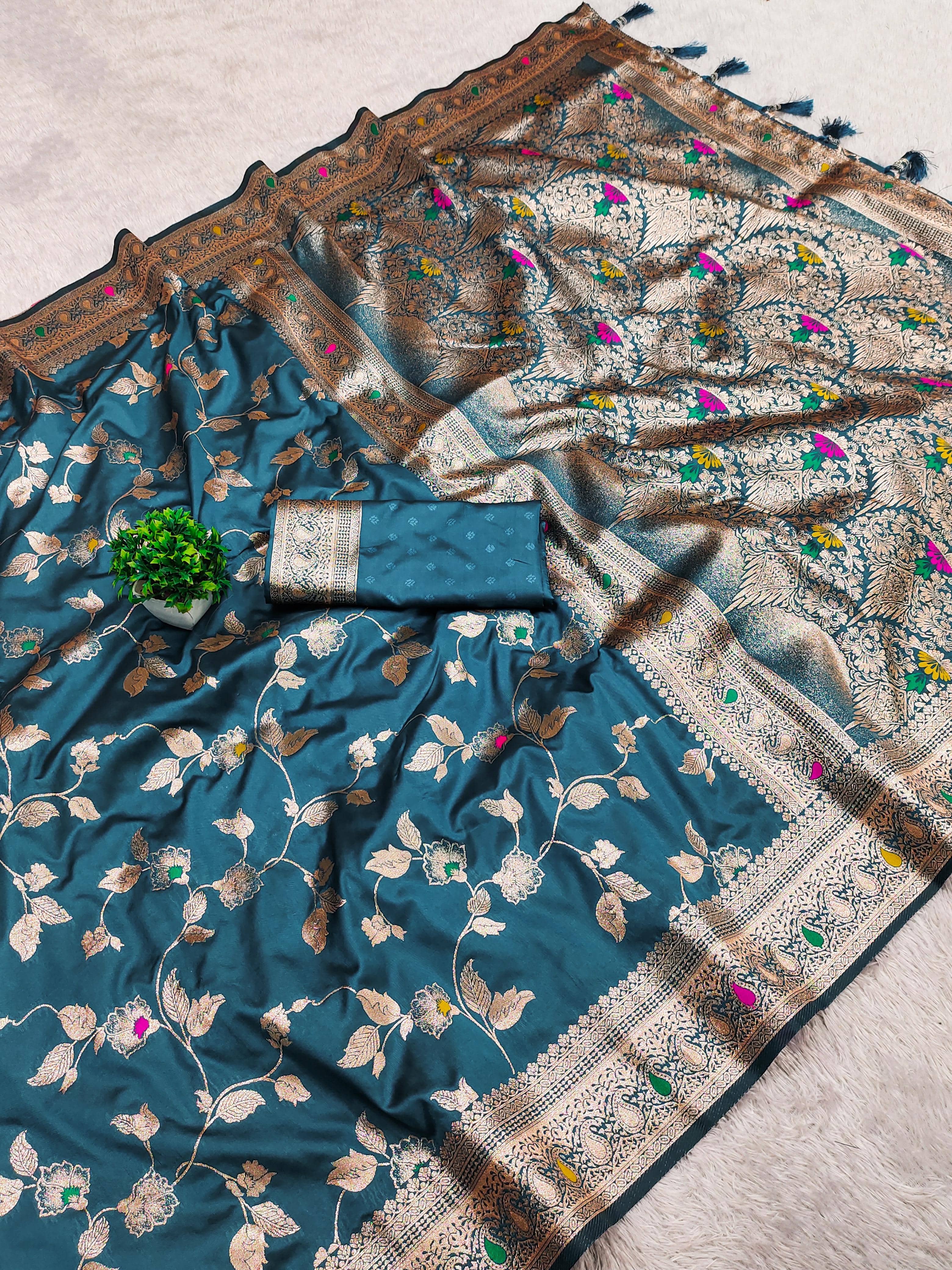 Suntex Silk Woven Banarasi saree With Unstitched Blouse Piece ( Turquoise ) - Sarees | Buy online on ZillyBuy