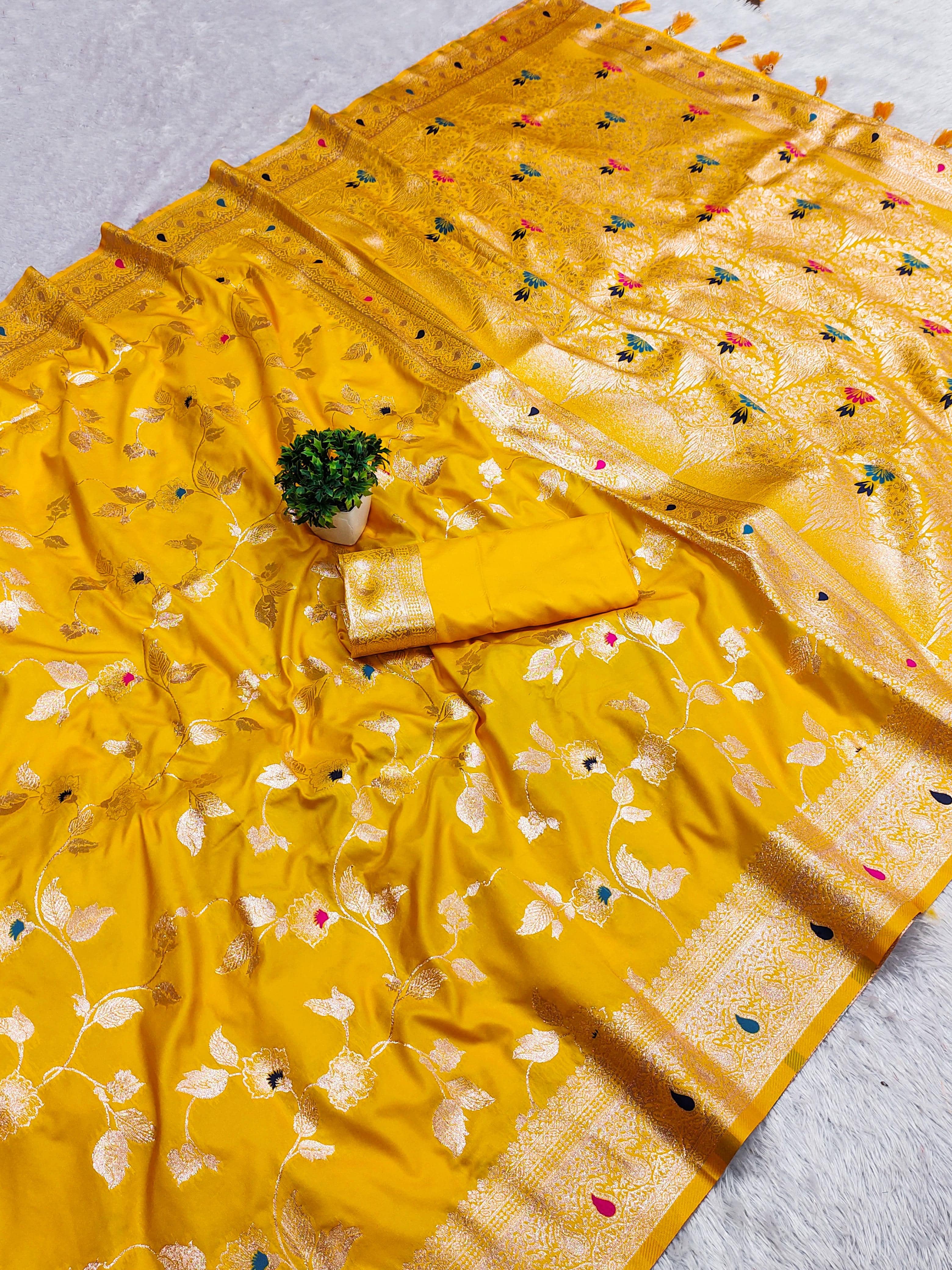 Suntex Silk Woven Banarasi saree With Unstitched Blouse Piece ( Yellow ) - Sarees | Buy online on ZillyBuy