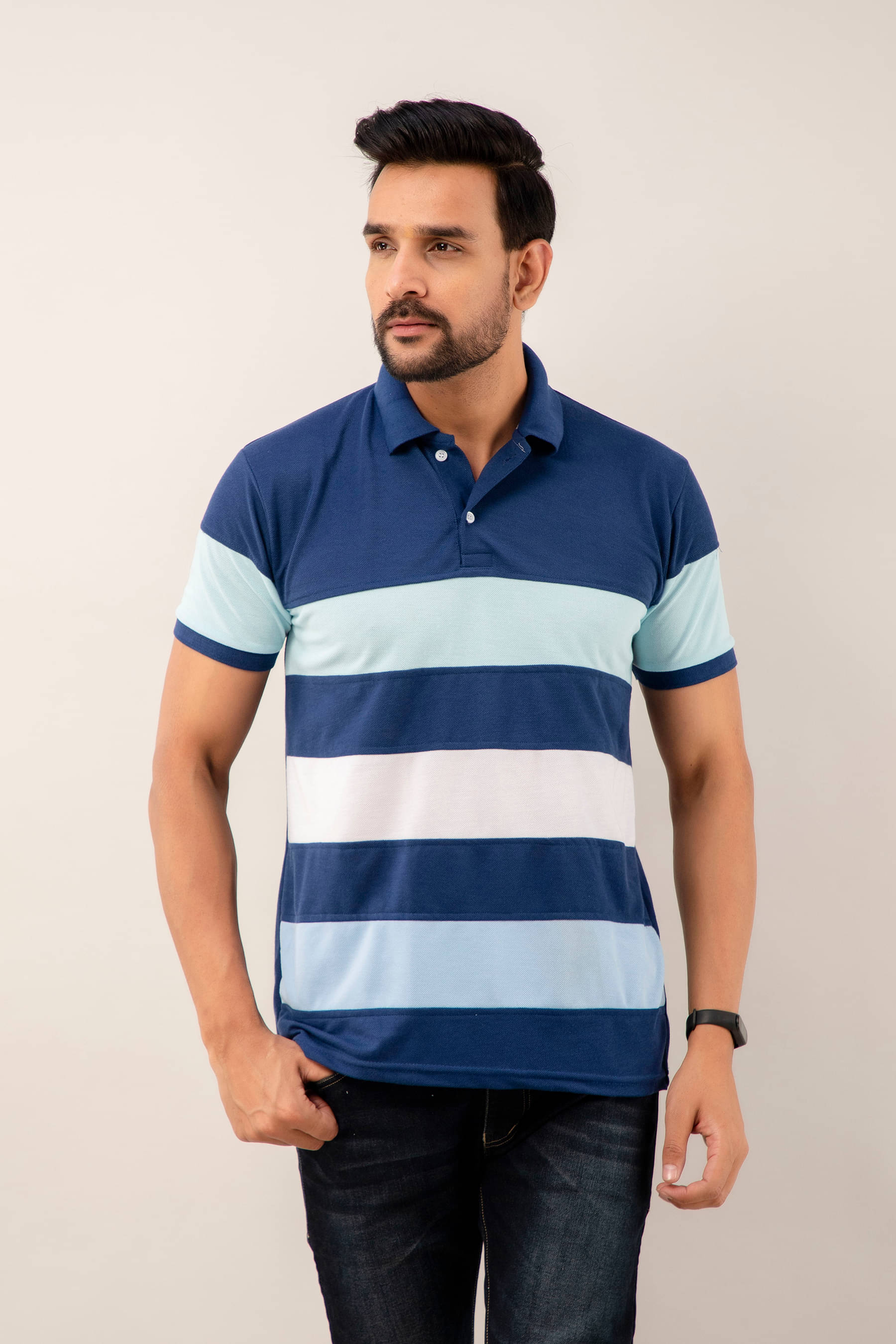     			TISSORA Men Cotton Blend Regular Fit Striped Polo T Shirt ( Navy Blue )