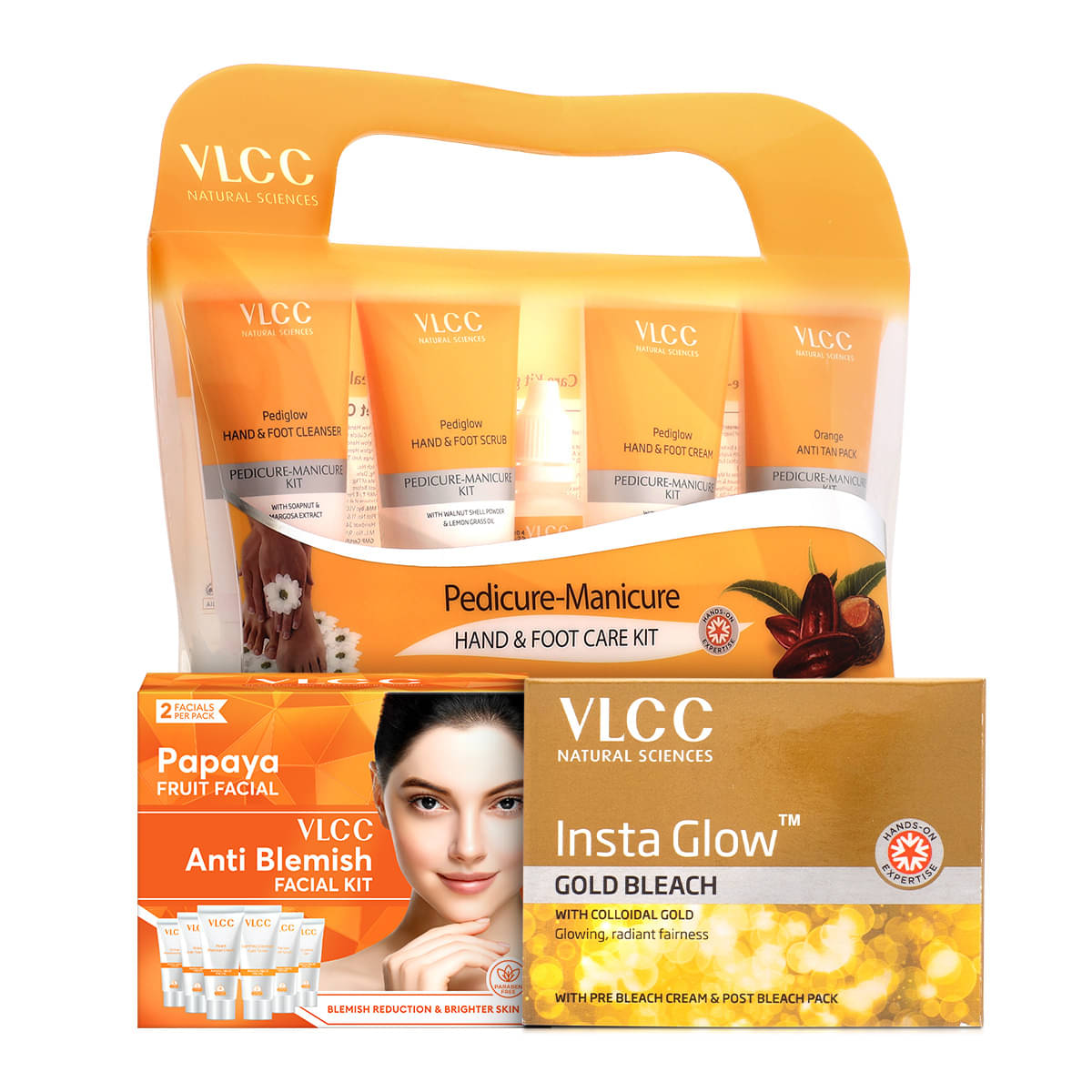 VLCC Salon At Home Combo - Papaya Fruit Facial Kit - 60 g, Gold Bleach - 60 g, & Manicure Pedicure Kit - 210 g VLCC Salon At Home Combo - Papaya Fruit Facial Kit - 60 g, Gold Bleach - 60 g, & Manicure Pedicure Kit - 210 g