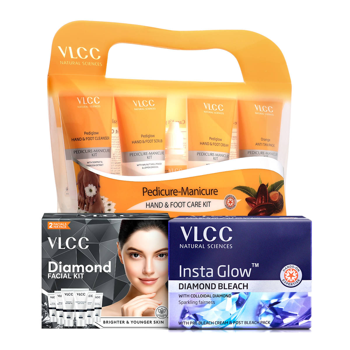 VLCC Salon At Home Combo - Diamond Facial Kit - 60 g, Diamond Bleach - 60 g, & Manicure Pedicure Kit - 210 g VLCC Salon At Home Combo - Diamond Facial Kit - 60 g, Diamond Bleach - 60 g, & Manicure Pedicure Kit - 210 g