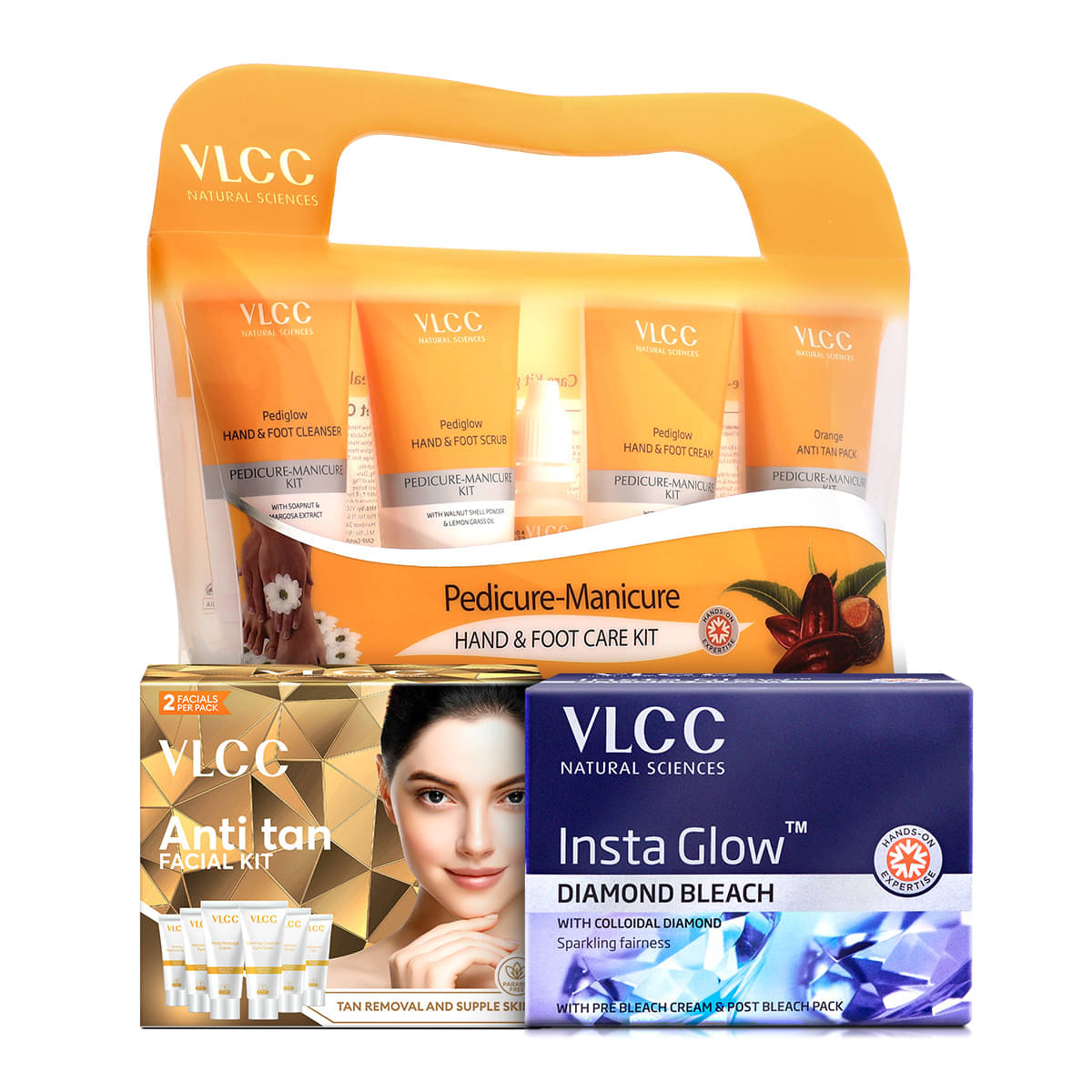 VLCC Salon At Home Combo - Anti Tan Facial Kit - 60 g, Diamond Bleach - 60 g & Manicure Pedicure Kit - 210 g VLCC Salon At Home Combo - Anti Tan Facial Kit - 60 g, Diamond Bleach - 60 g & Manicure Pedicure Kit - 210 g