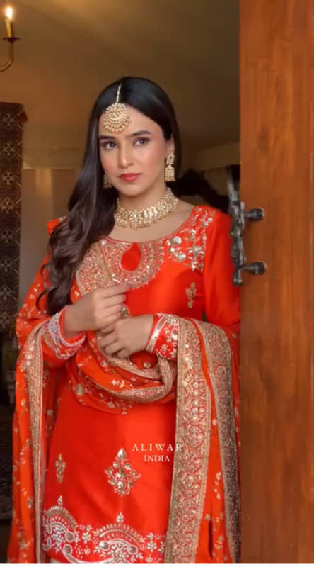 VYOM EMPORIO Women Silk Blend Embroidered Straight Kurti With Palazzo ( Orange )