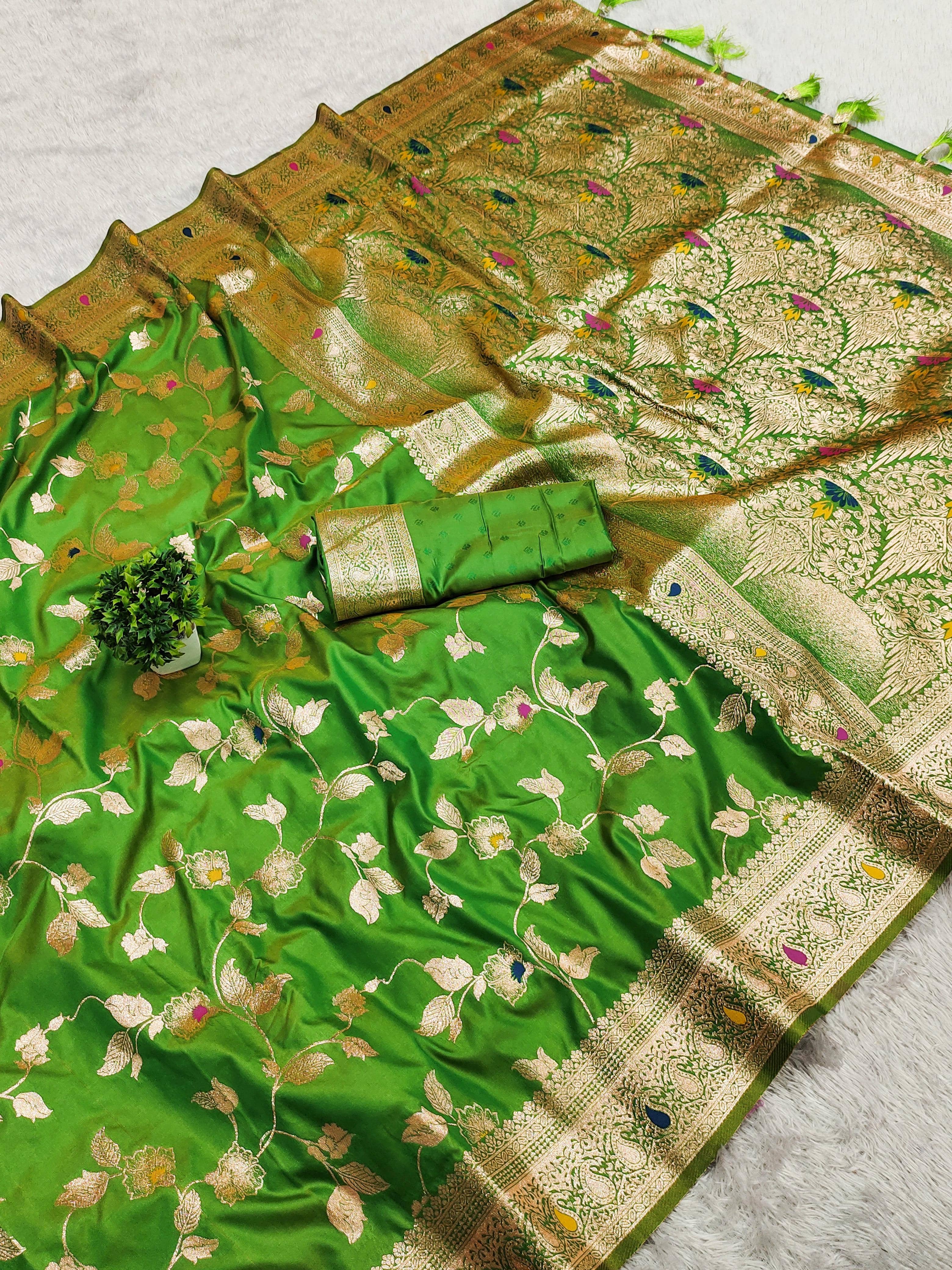 Vkaran Silk Woven Paithani Sarees With Unstitched Blouse Piece ( Light Green ) - Sarees | Buy online on ZillyBuy