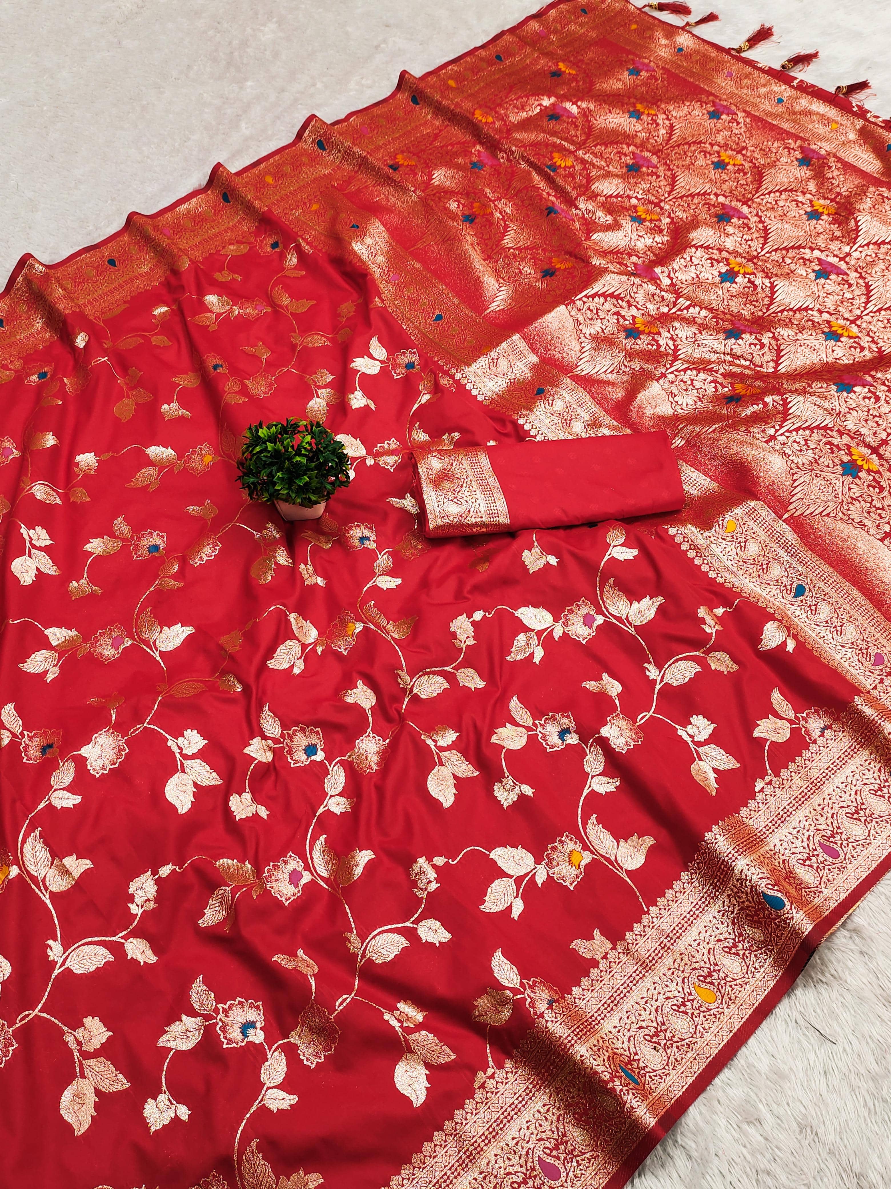 Vkaran Silk Woven Paithani Sarees With Unstitched Blouse Piece ( Red ) - Sarees | Buy online on ZillyBuy