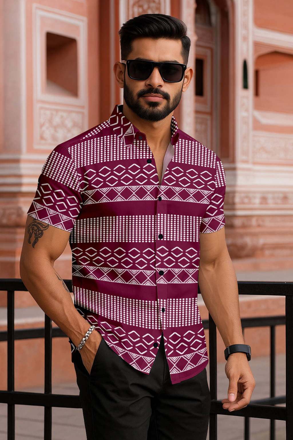     			Zonanza Polyester Regular Fit Printed Half Sleeves Men's Casual Shirt - Maroon ( Pack of 1 )