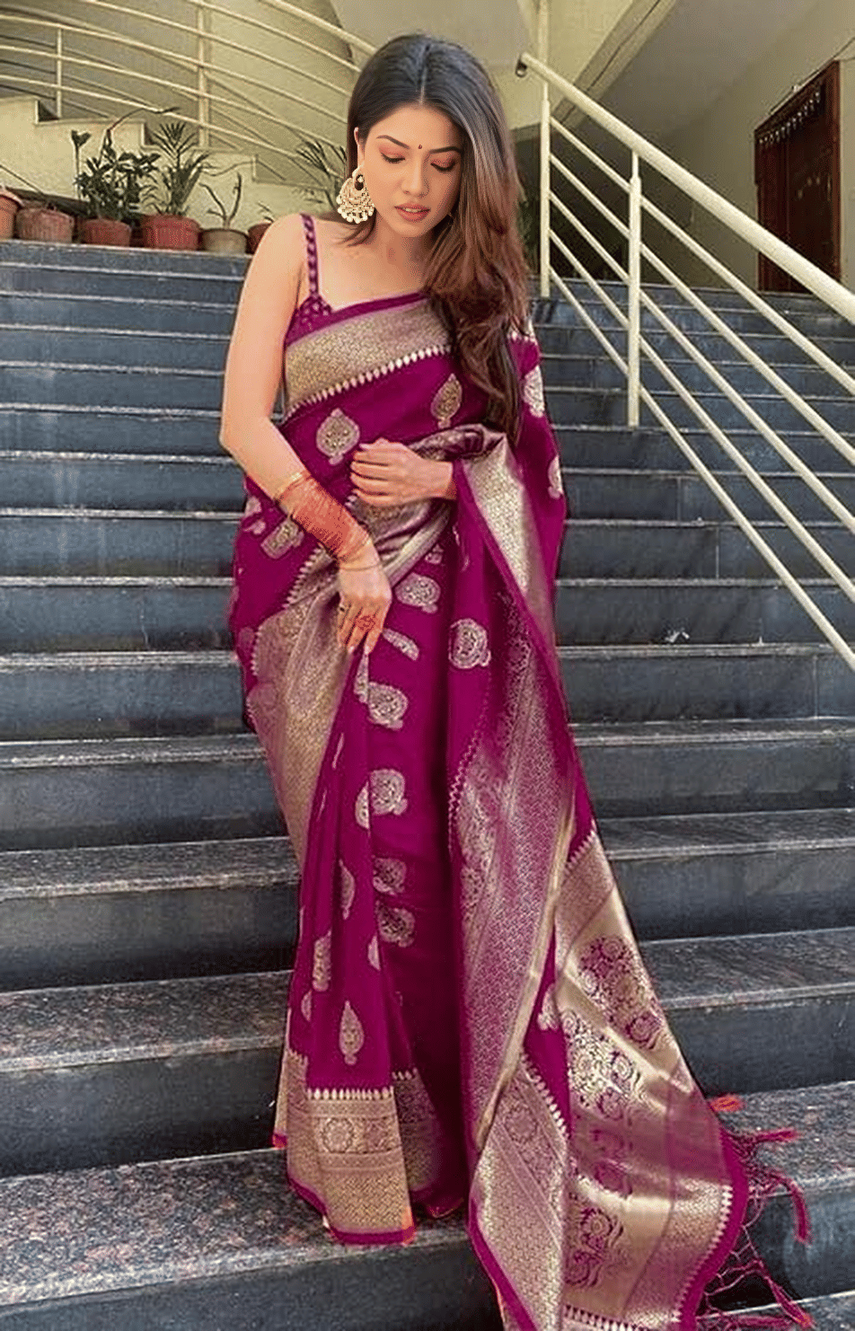 A TO Z CART Jacquard Embellished Banarasi saree With Unstitched Blouse Piece ( Wine ) A TO Z CART Jacquard Embellished Banarasi saree With Unstitched Blouse Piece ( Wine )