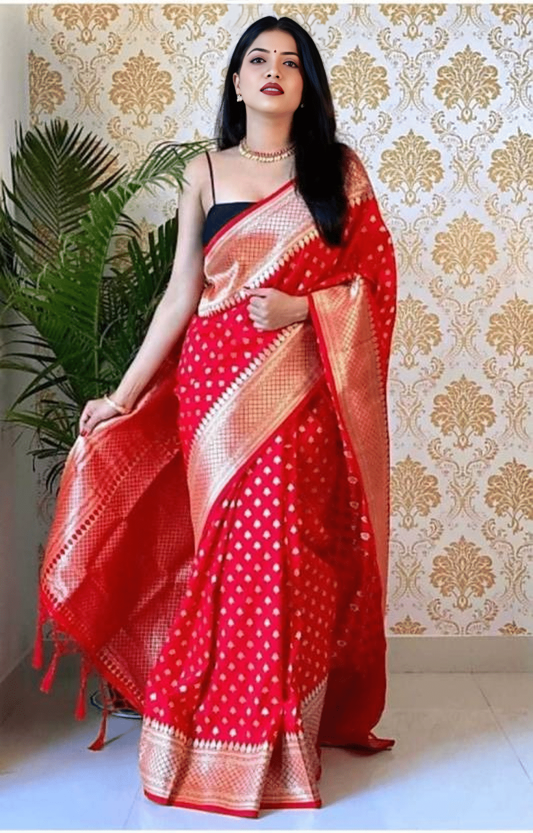 A TO Z CART Jacquard Embellished Banarasi saree With Unstitched Blouse Piece ( Red ) A TO Z CART Jacquard Embellished Banarasi saree With Unstitched Blouse Piece ( Red )