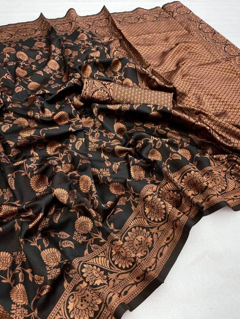 A TO Z CART Jacquard Embellished Banarasi saree With Unstitched Blouse Piece ( Black ) A TO Z CART Jacquard Embellished Banarasi saree With Unstitched Blouse Piece ( Black )
