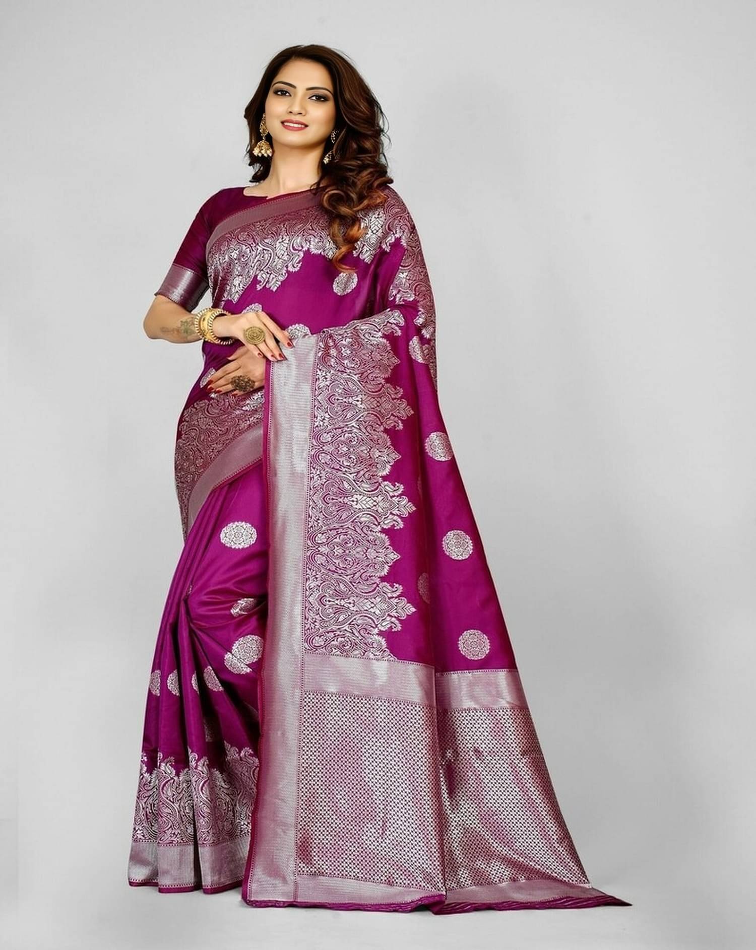 A TO Z CART Jacquard Embellished Banarasi saree With Unstitched Blouse Piece ( Magenta ) A TO Z CART Jacquard Embellished Banarasi saree With Unstitched Blouse Piece ( Magenta )