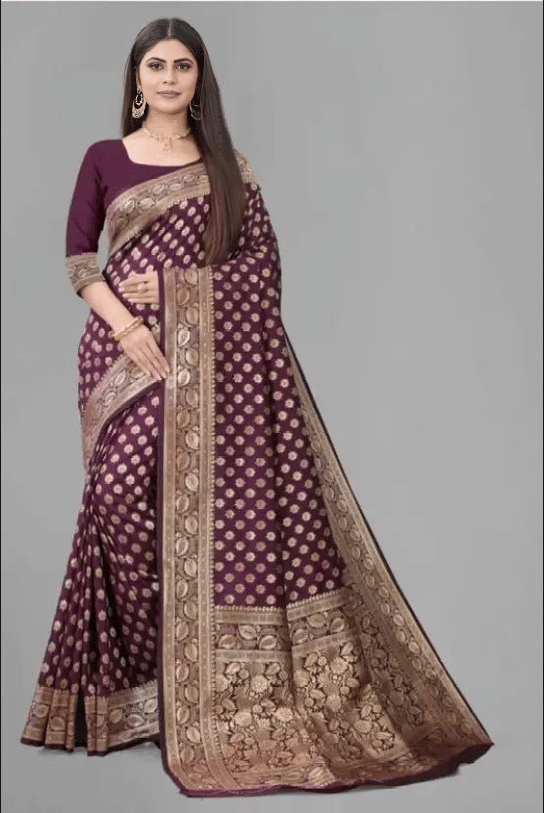 A TO Z CART Jacquard Embellished Banarasi saree With Unstitched Blouse Piece ( Wine ) A TO Z CART Jacquard Embellished Banarasi saree With Unstitched Blouse Piece ( Wine )