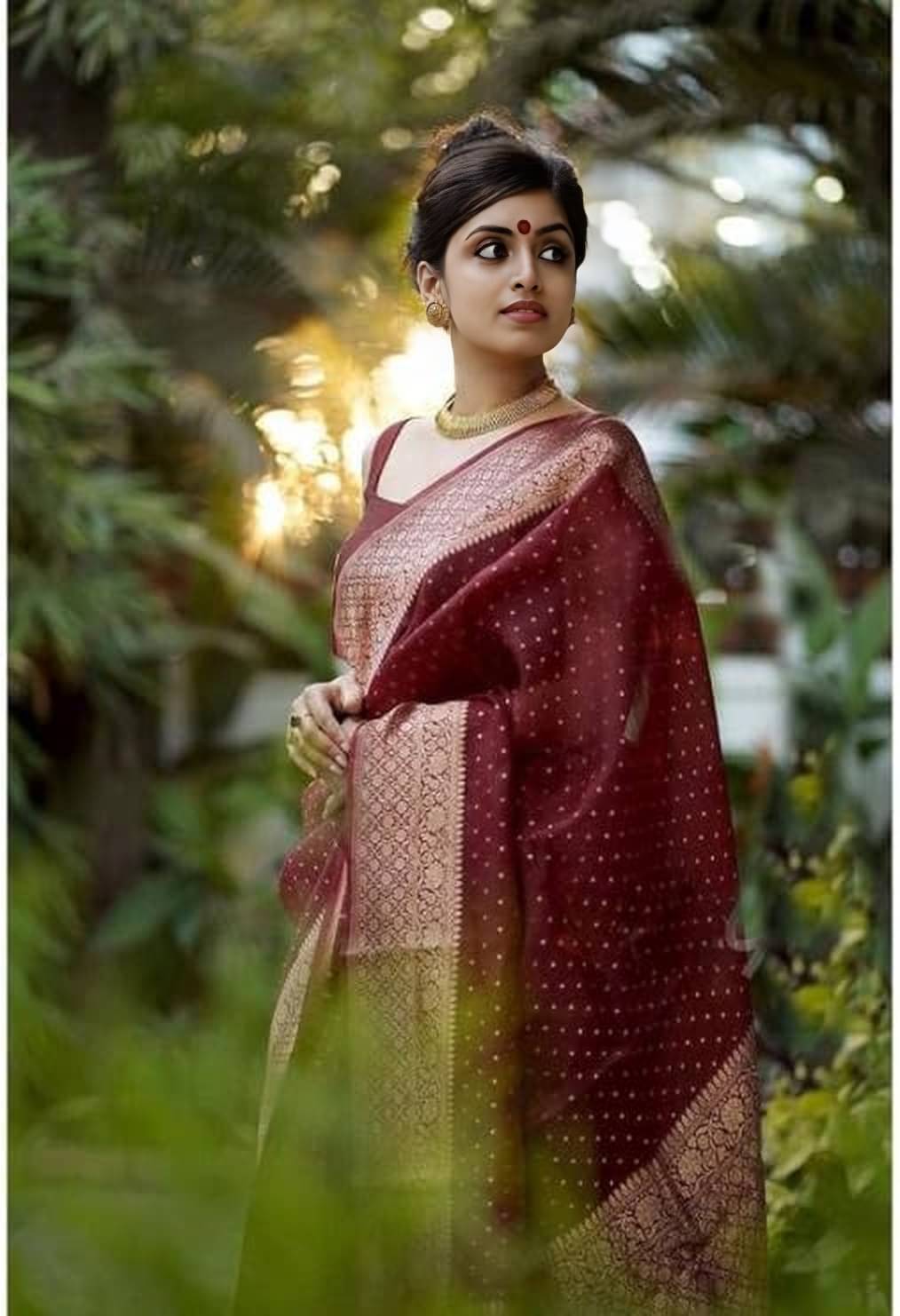    			Aika Jacquard Embellished Banarasi saree With Unstitched Blouse Piece ( Maroon )