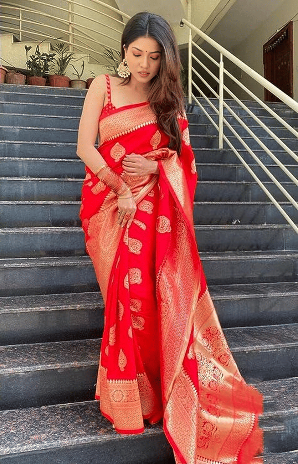 Aika Jacquard Embellished Banarasi saree With Unstitched Blouse Piece ( Red ) Aika Jacquard Embellished Banarasi saree With Unstitched Blouse Piece ( Red )