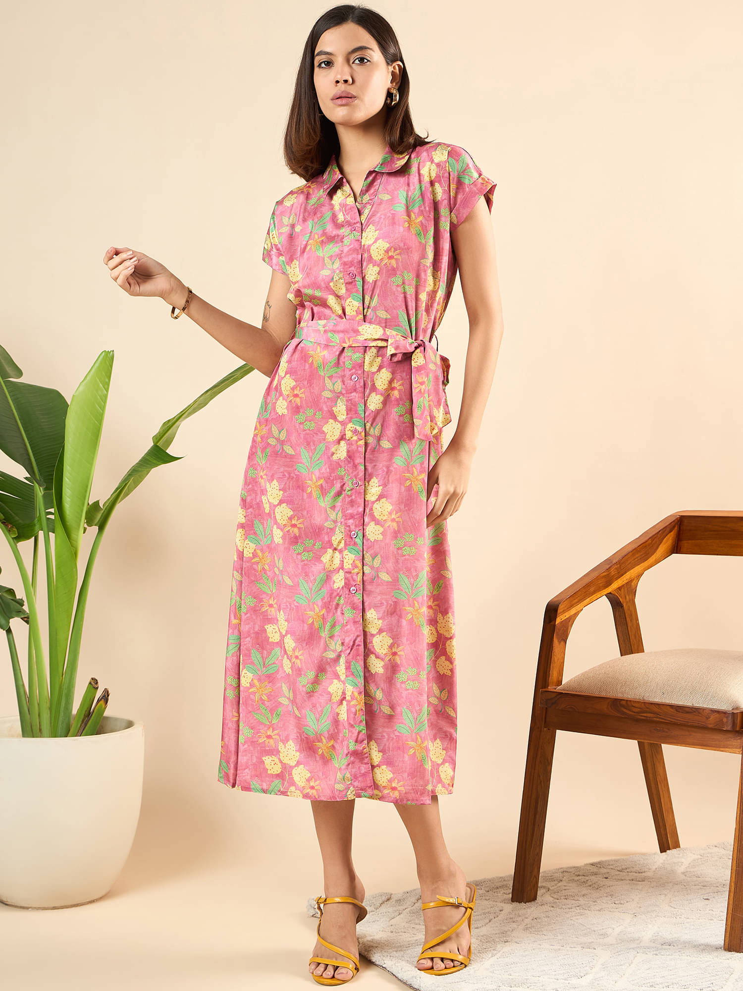 Anjir Women Polyester Printed A-line Dress ( Pink ) Anjir Women Polyester Printed A-line Dress ( Pink )