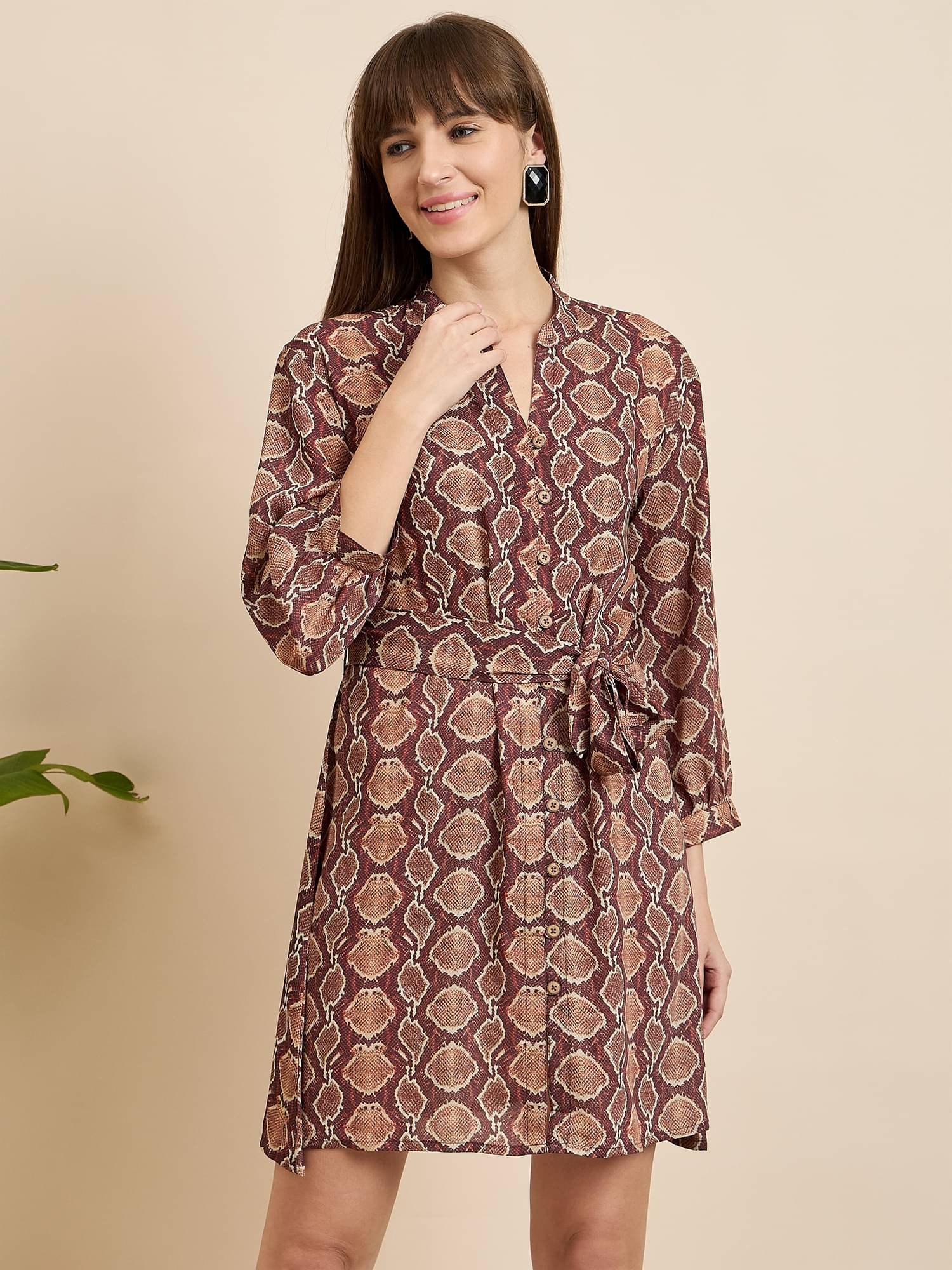 Anjir Women Polyester Printed A-line Dress ( Brown ) Anjir Women Polyester Printed A-line Dress ( Brown )