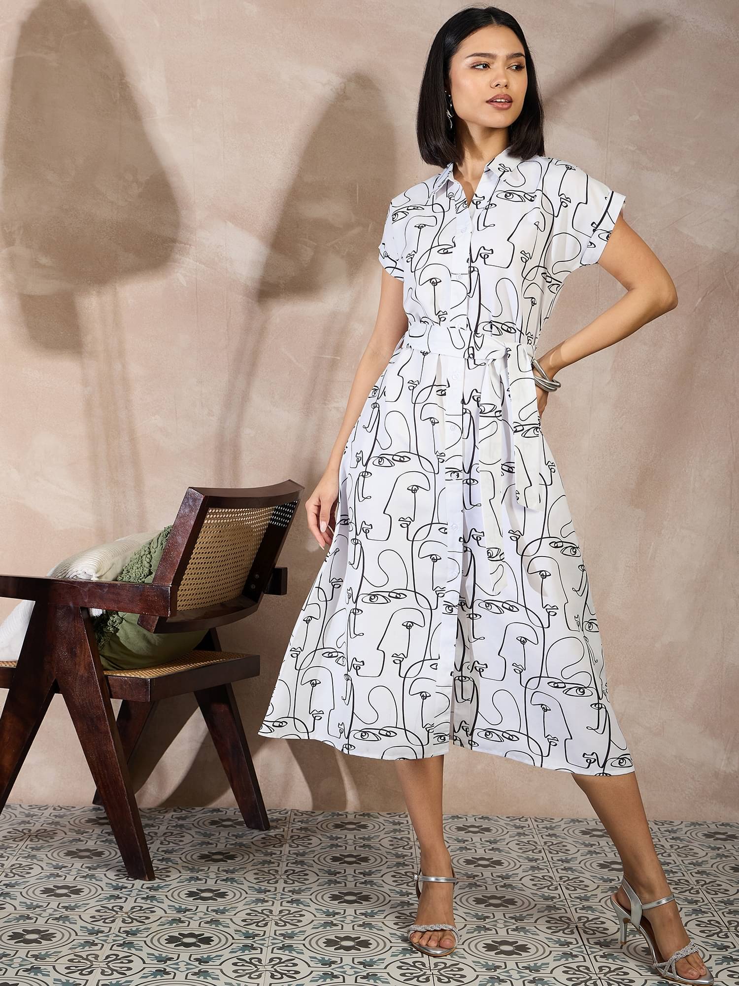     			Anjir Women Polyester Printed A-line Dress ( White )