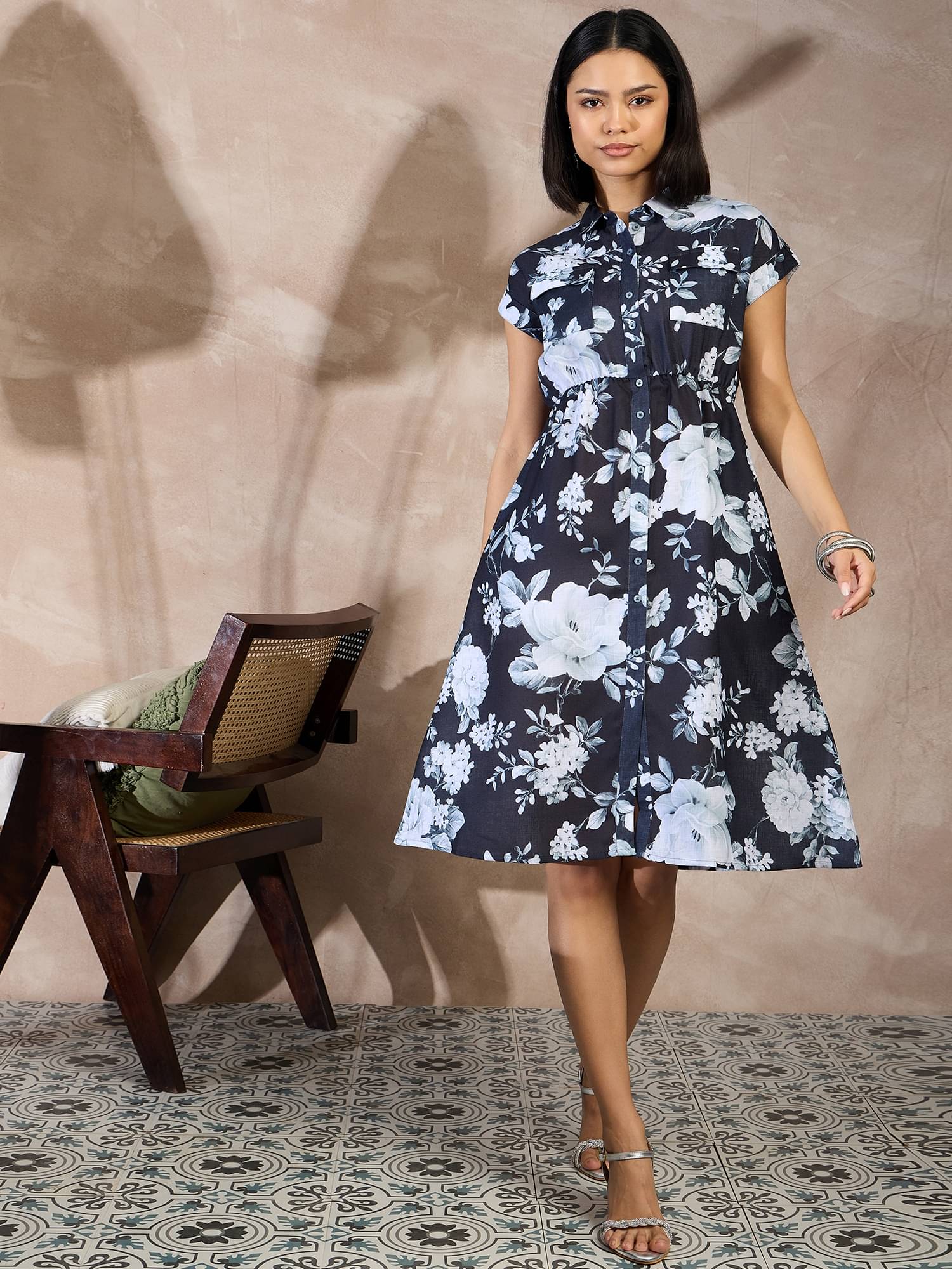     			Anjir Women Polyester Printed A-line Dress ( Black )