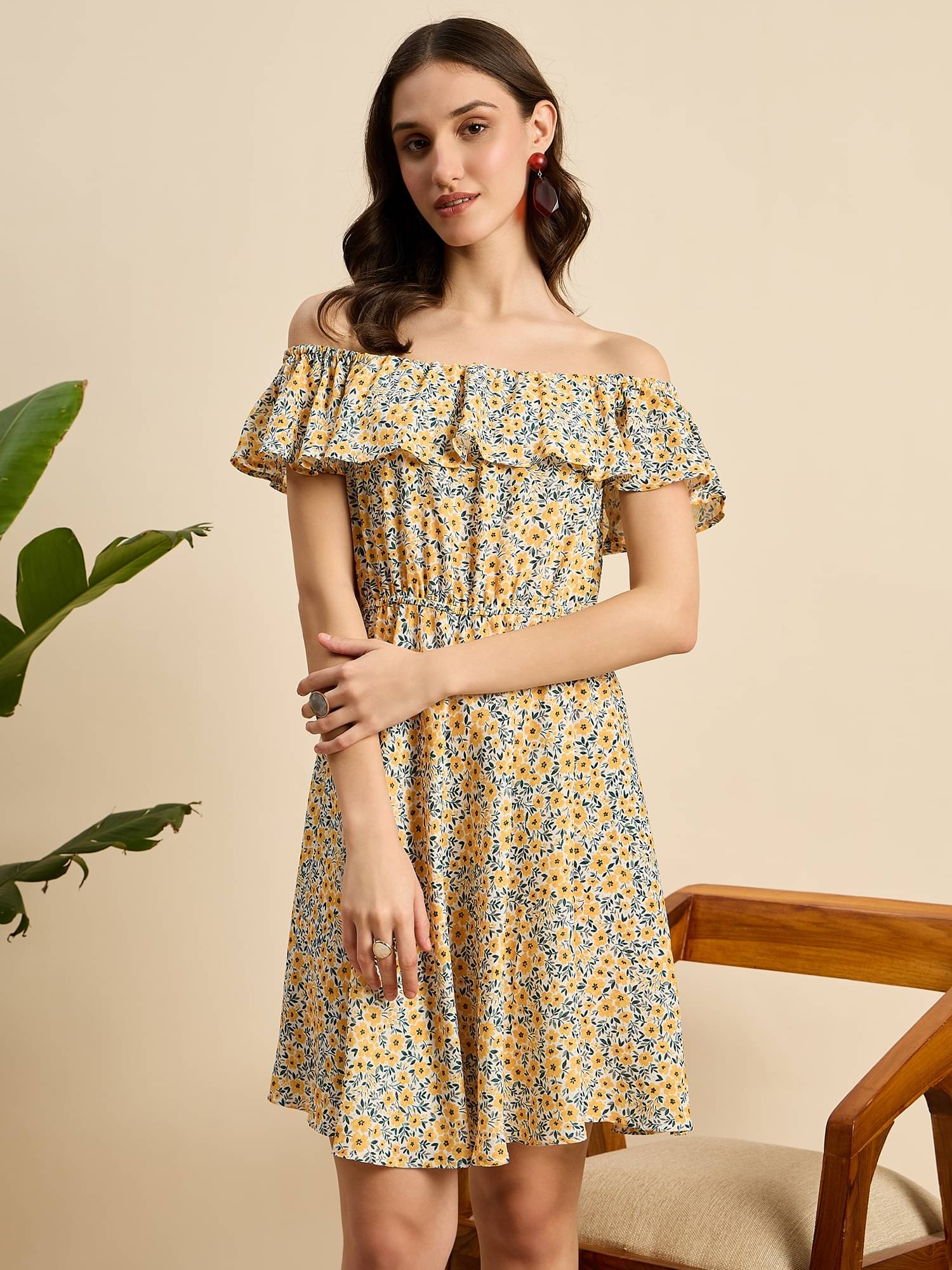     			Anjir Women Polyester Printed A-line Dress ( Yellow )