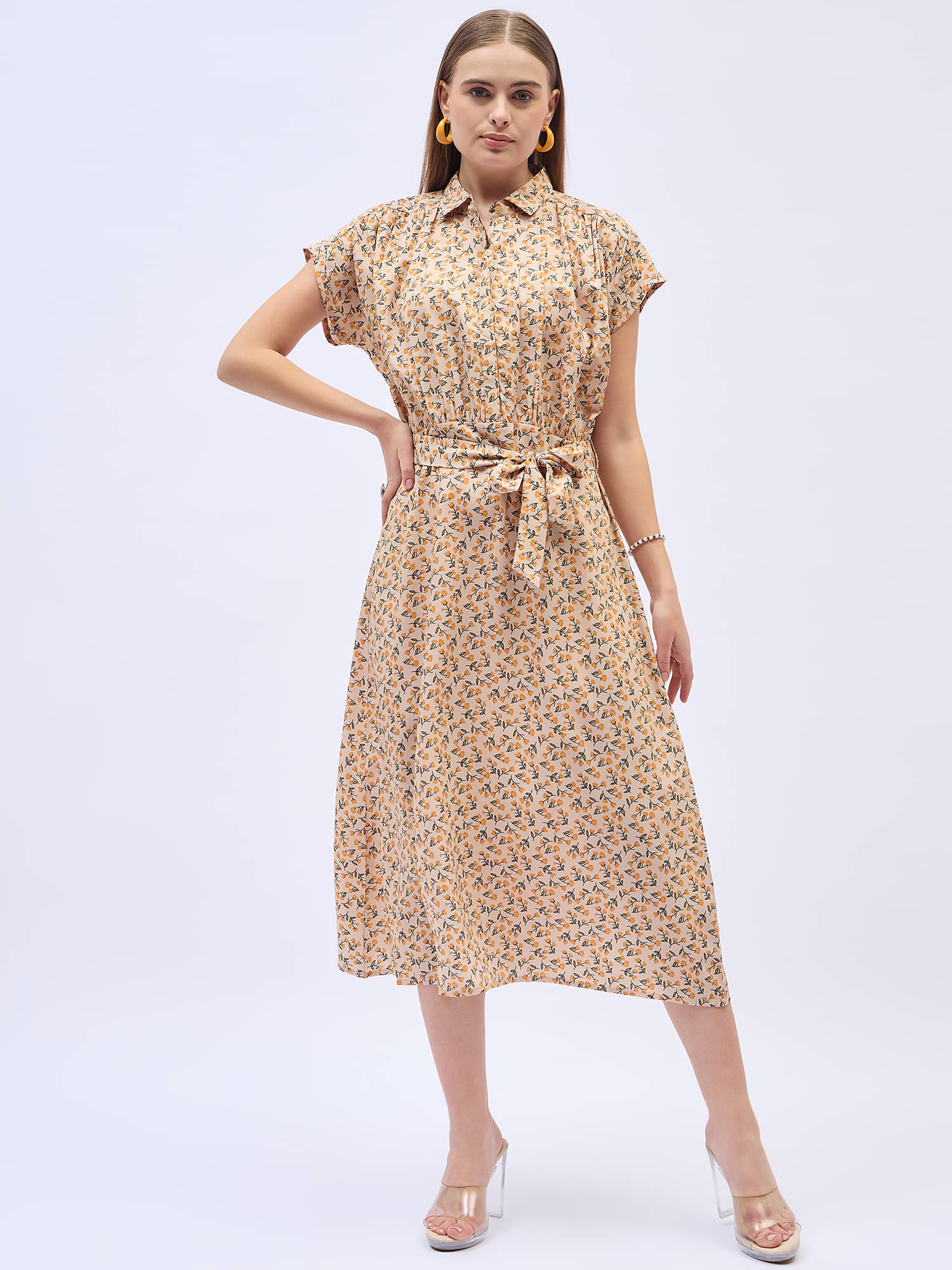 Anjir Women Polyester Printed A-line Dress ( Beige ) Anjir Women Polyester Printed A-line Dress ( Beige )