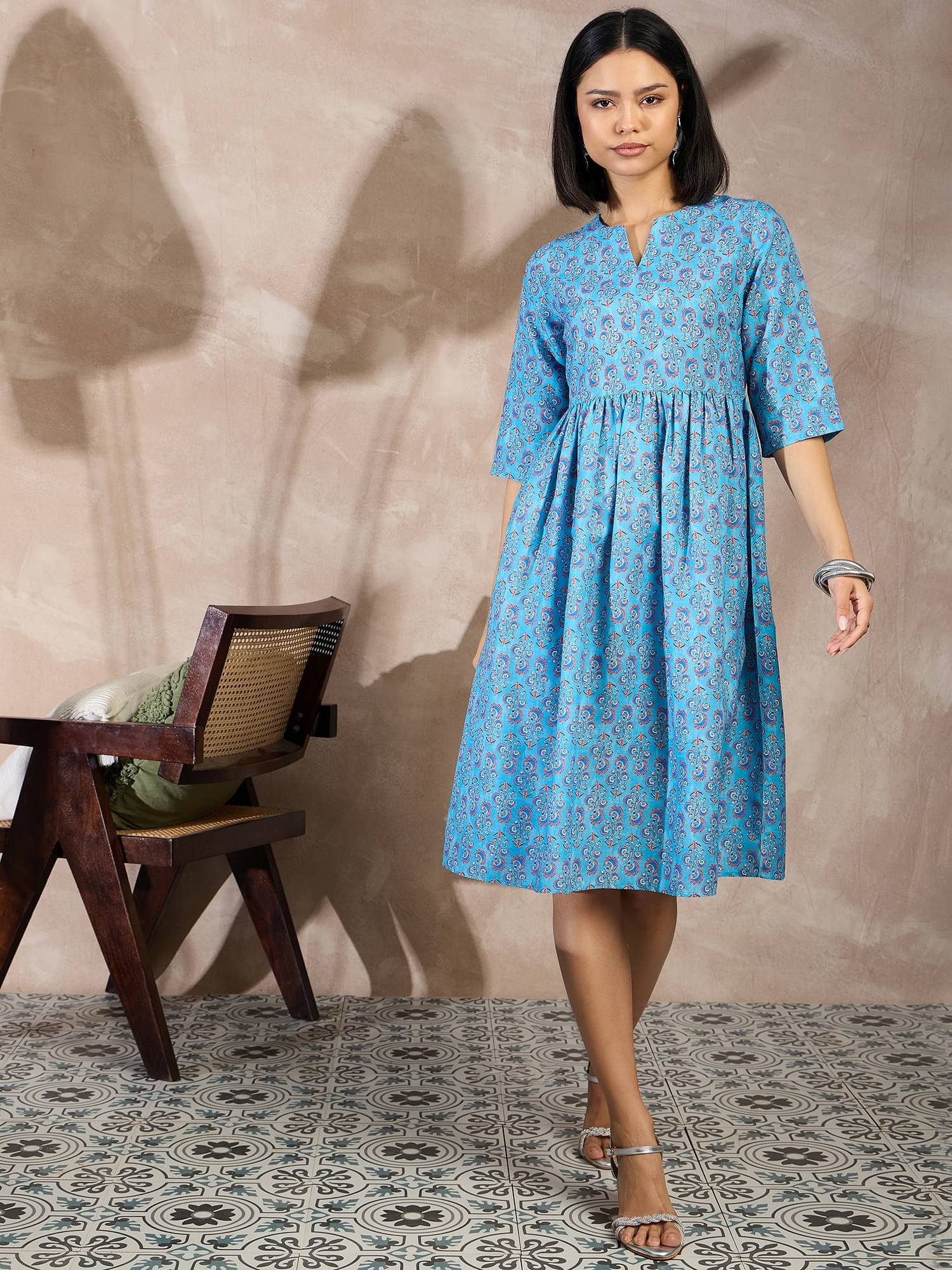     			Anjir Women Polyester Printed Fit & Flare Dress ( Blue )