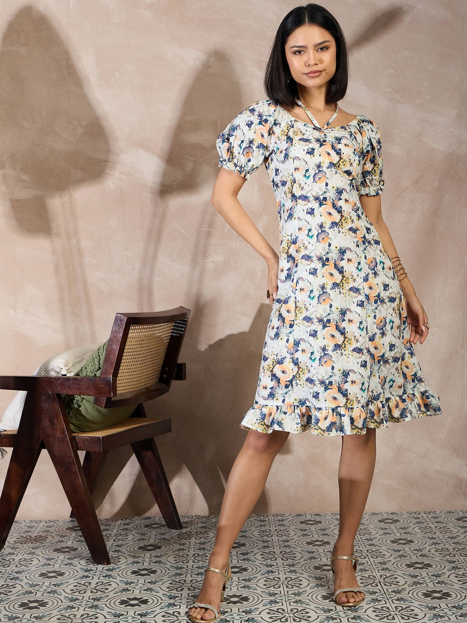     			Anjir Women Polyester Printed Fit & Flare Dress ( Off white )