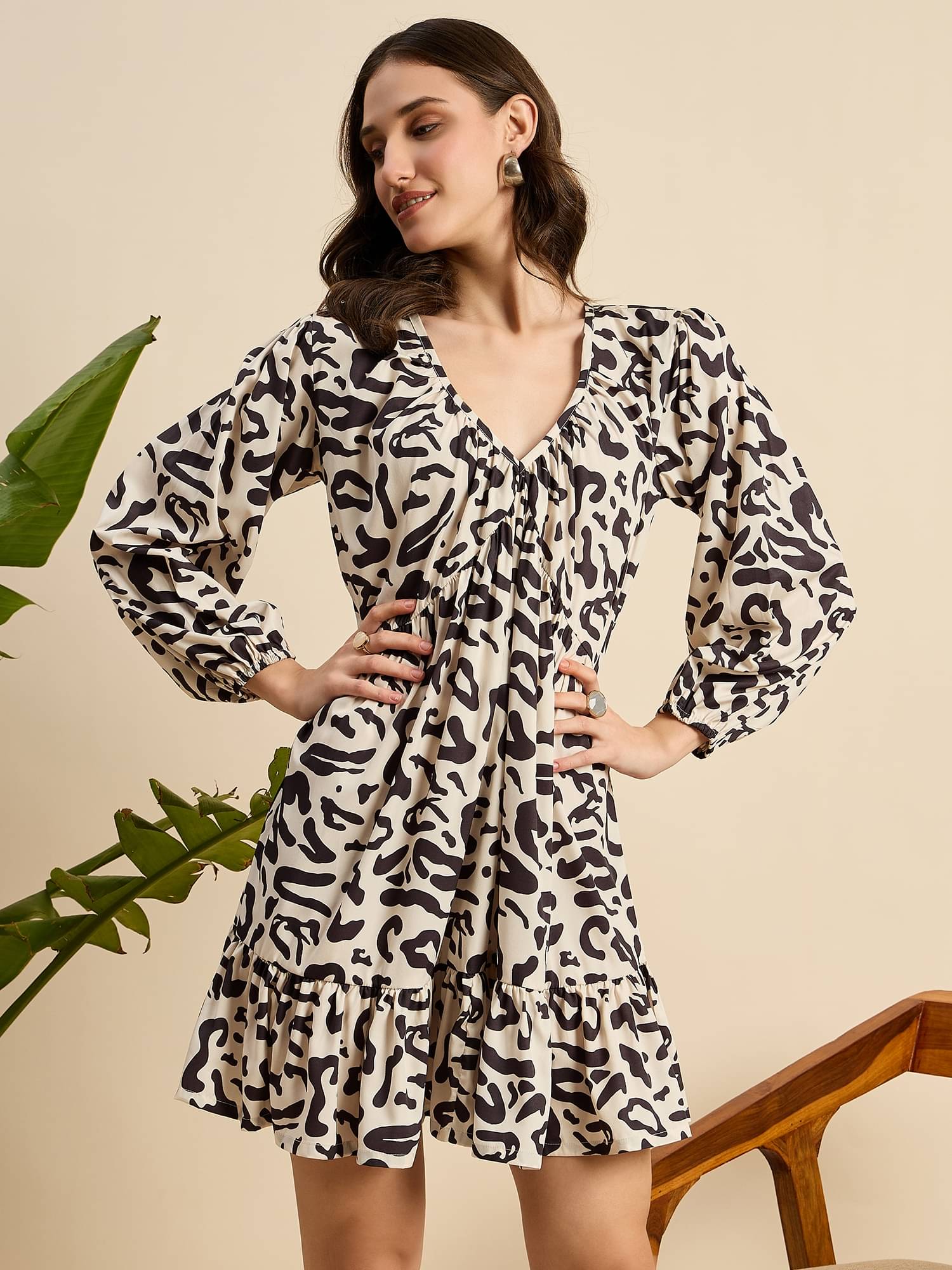     			Anjir Women Polyester Printed Fit & Flare Dress ( Black )