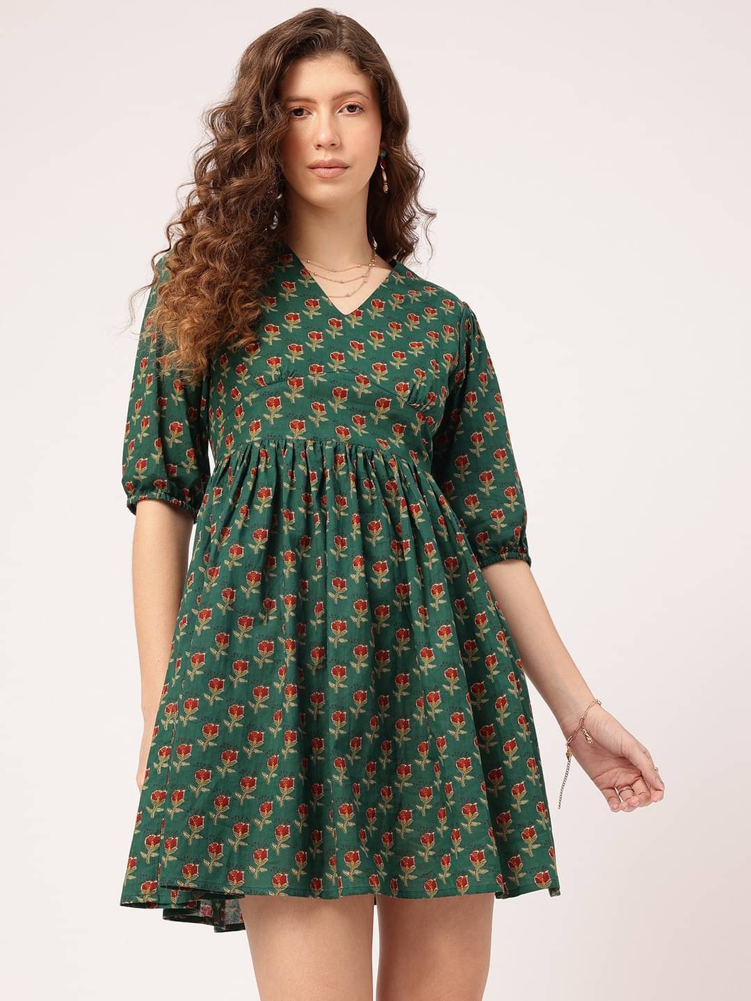     			Anjir Women Polyester Printed Fit & Flare Dress ( Green )