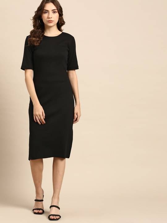 Anjir Women Polyester Solid A-line Dress ( Black ) Anjir Women Polyester Solid A-line Dress ( Black )