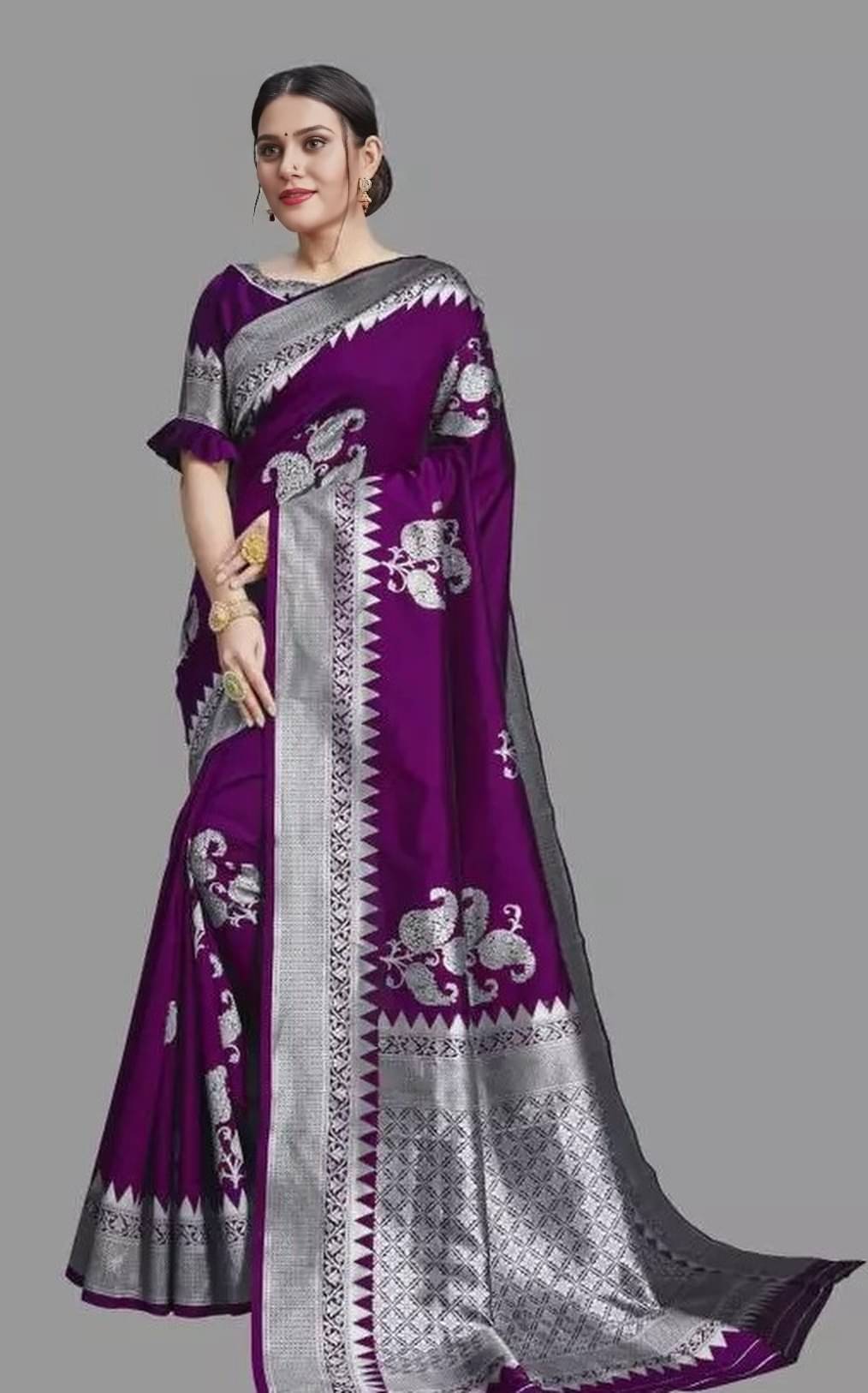Apnisha Jacquard Embellished Banarasi saree With Unstitched Blouse Piece ( Wine ) Apnisha Jacquard Embellished Banarasi saree With Unstitched Blouse Piece ( Wine )