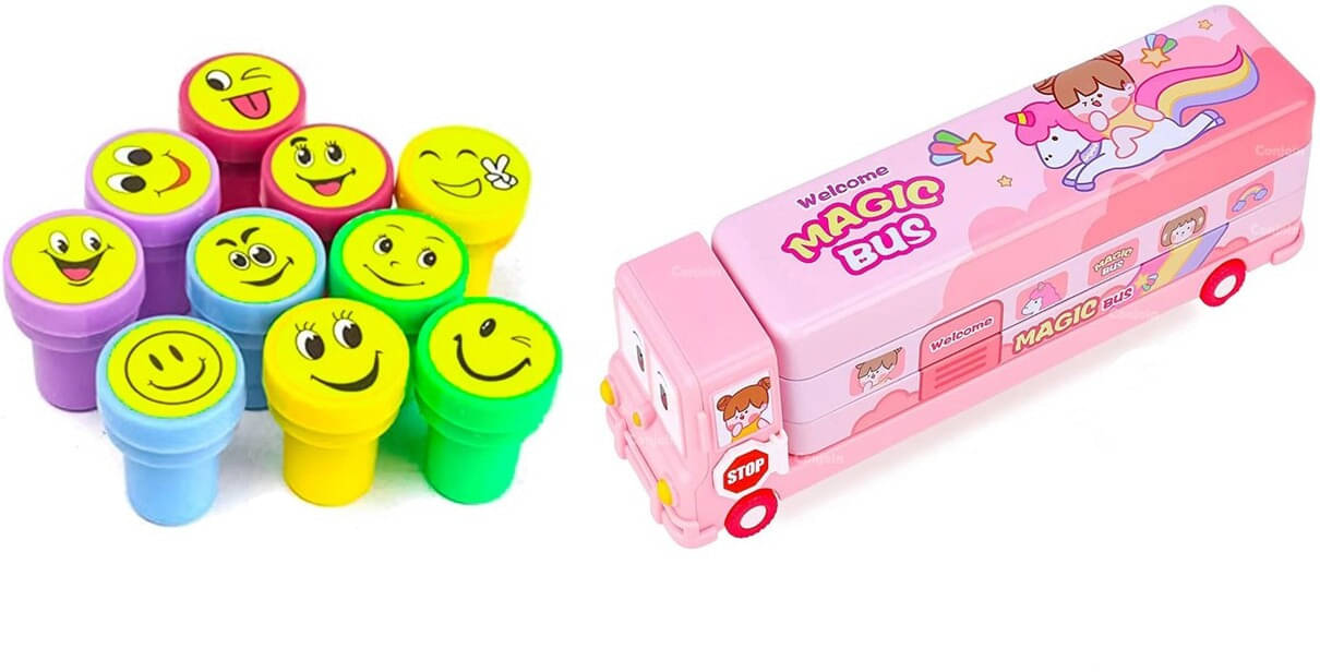 Combo Pack of Face Smiley Stamp & Unicorn Theme Geometric Box For Kids Gift Item Combo Pack of Face Smiley Stamp & Unicorn Theme Geometric Box For Kids Gift Item