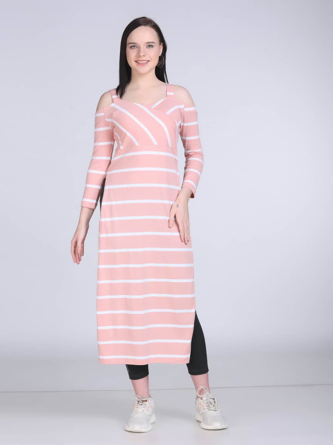     			ETICO Women Cotton Striped Peplum Dress ( Pink,White )