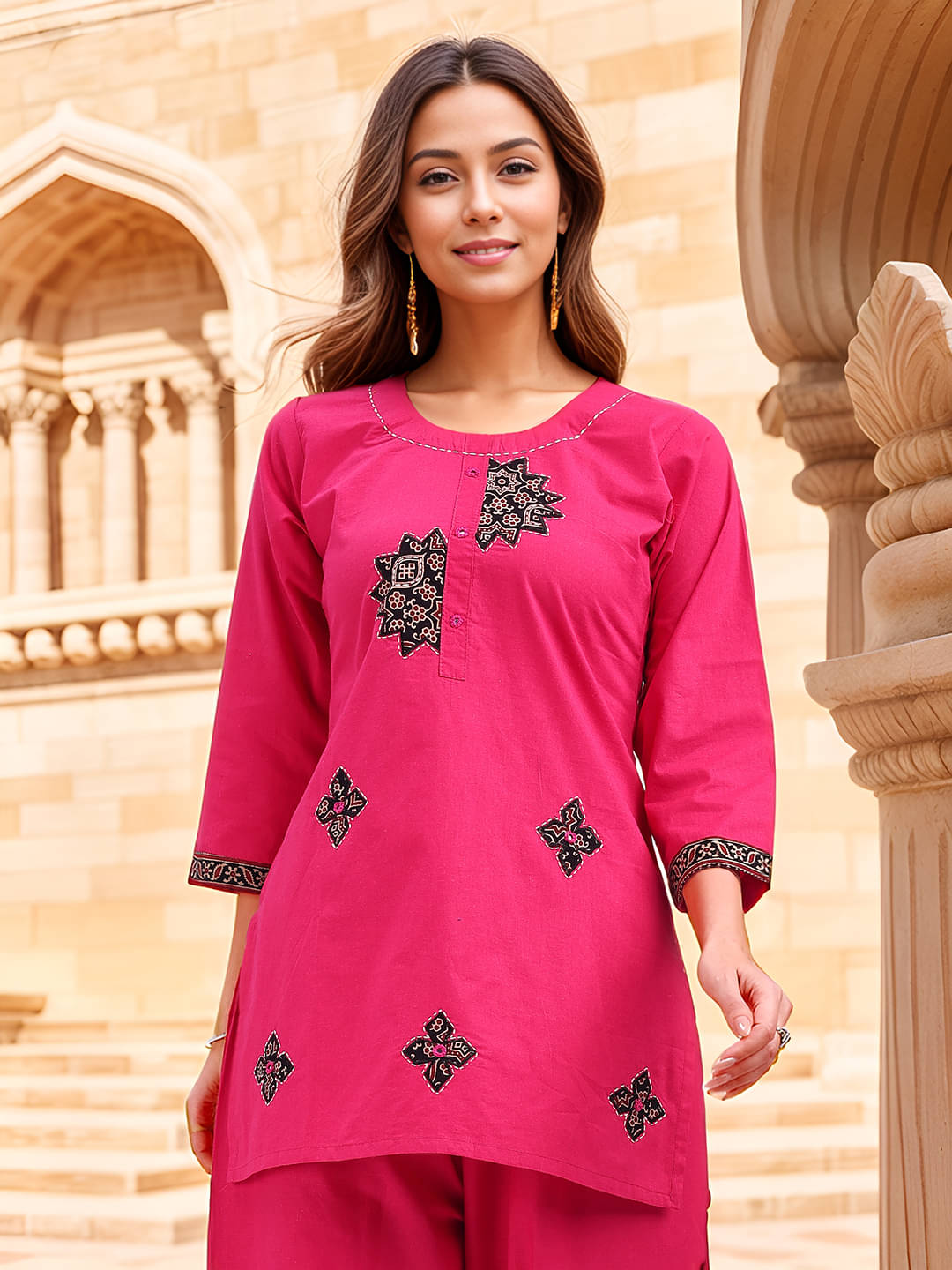     			Estela Women Cotton Embellished Straight Kurti ( Pink )