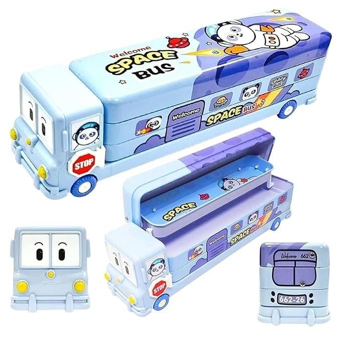     			Freedy Bus Pencil Geometry Box Stationery Moving Tyres & Sharpener School RANDOM DESIGN Bus Truck Art Metal Pencil Box  (Set of 1, Blue, Dark Blue, Light Green, Multicolor)