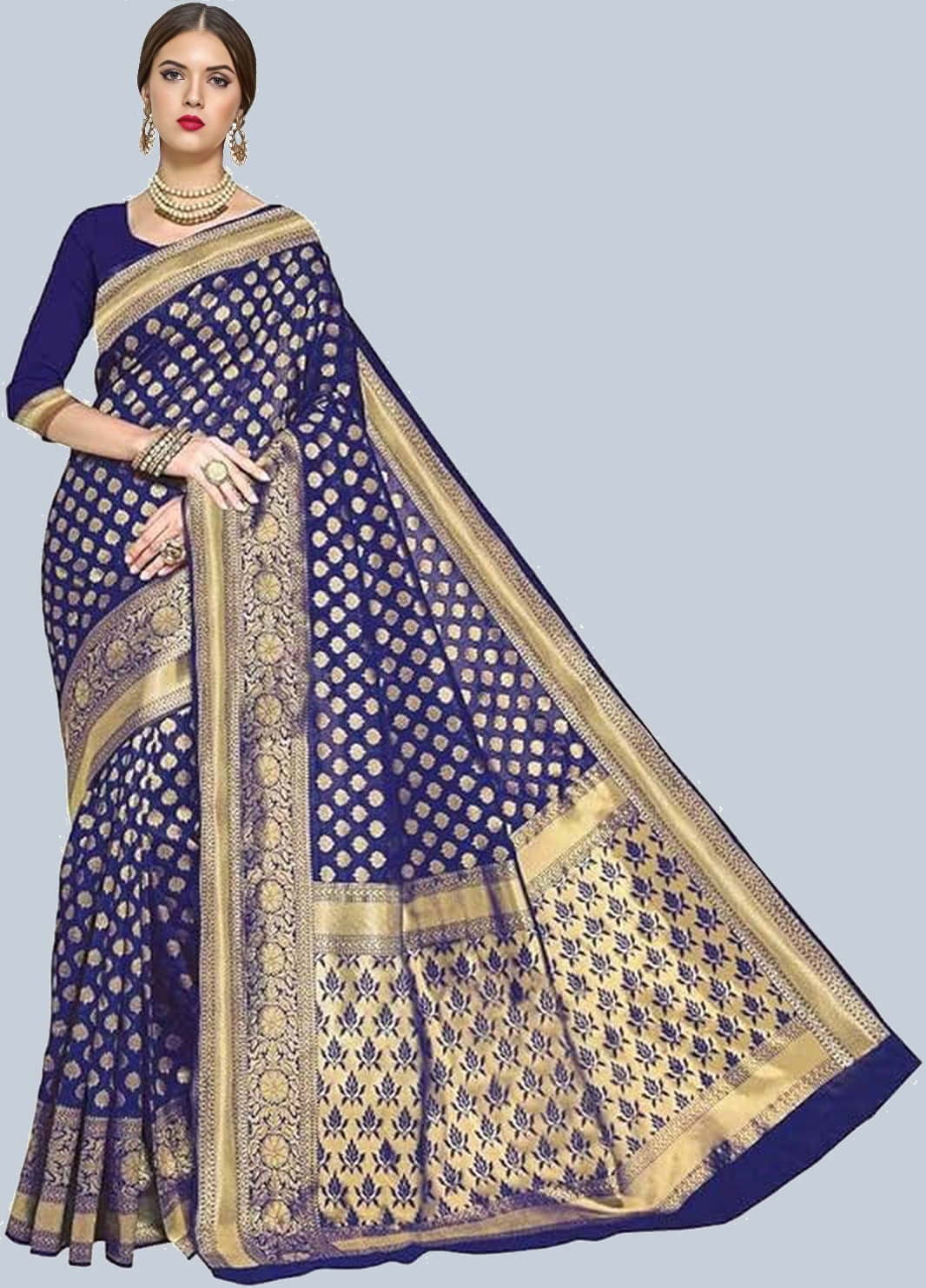     			JULEE Jacquard Embellished Banarasi saree With Unstitched Blouse Piece ( Navy Blue )