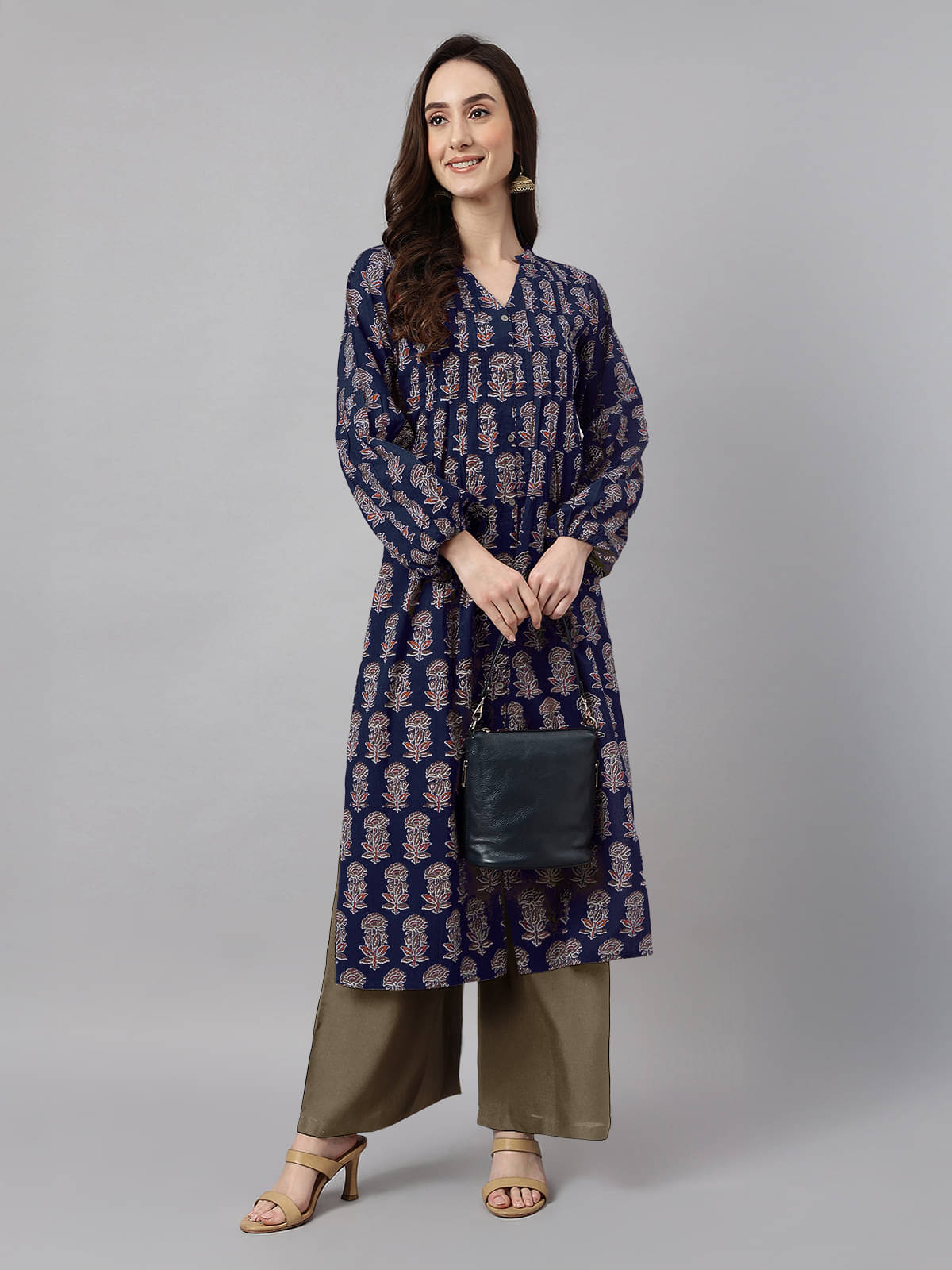 Janasya Women Cotton Printed A-line Kurti ( Navy ) Janasya Women Cotton Printed A-line Kurti ( Navy )