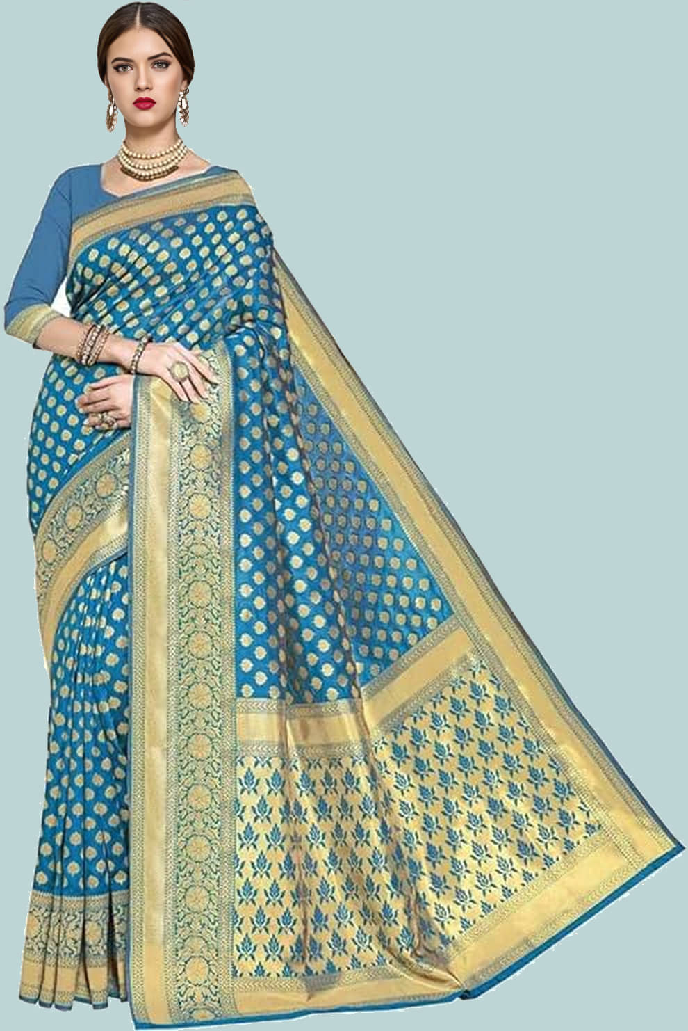 KV Fashion Jacquard Embellished Banarasi saree With Unstitched Blouse Piece ( Sky Blue ) KV Fashion Jacquard Embellished Banarasi saree With Unstitched Blouse Piece ( Sky Blue )