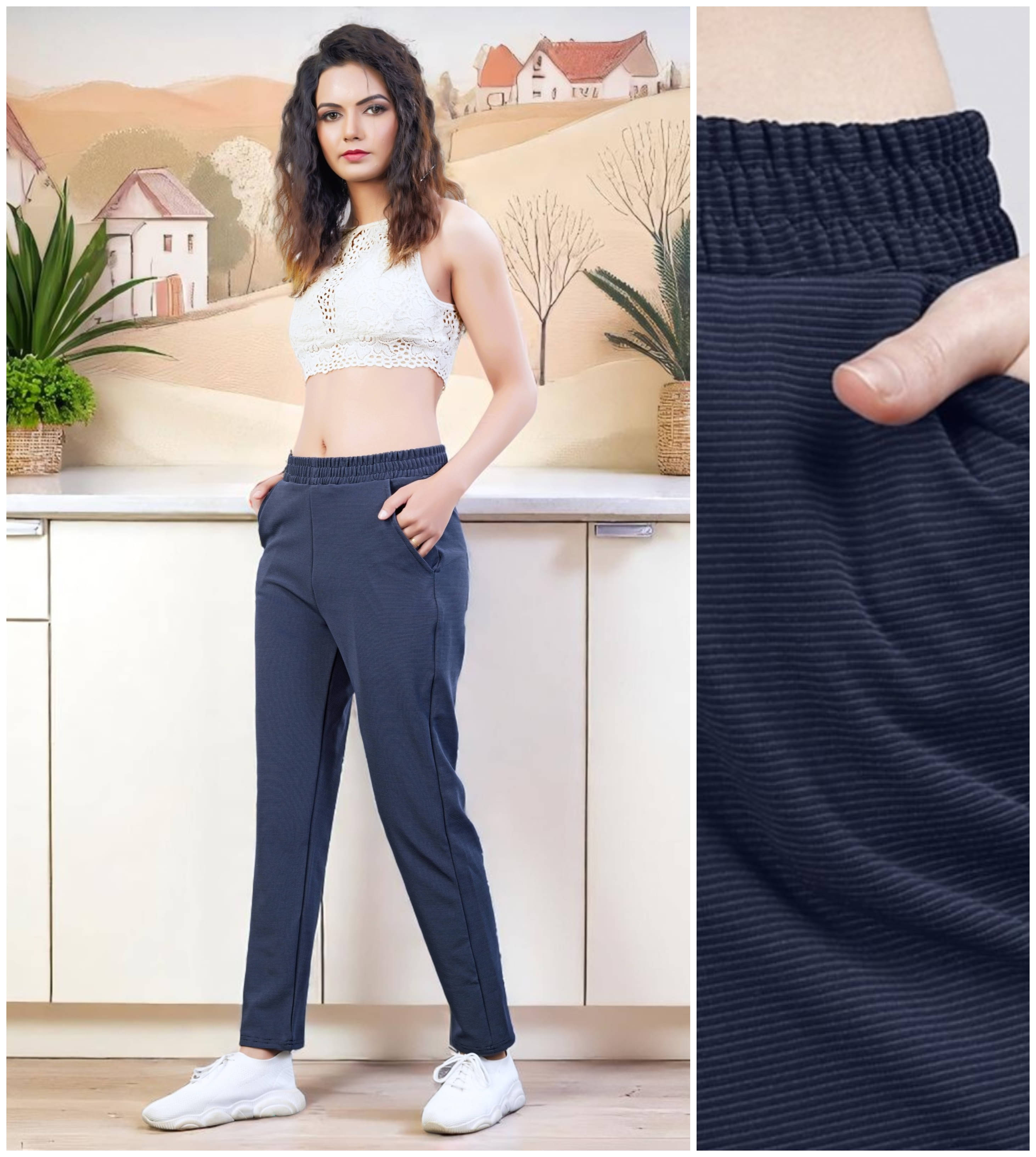     			Leewan Pack of 1 Cotton Blend Straight Women's Casual Pants ( Navy Blue )