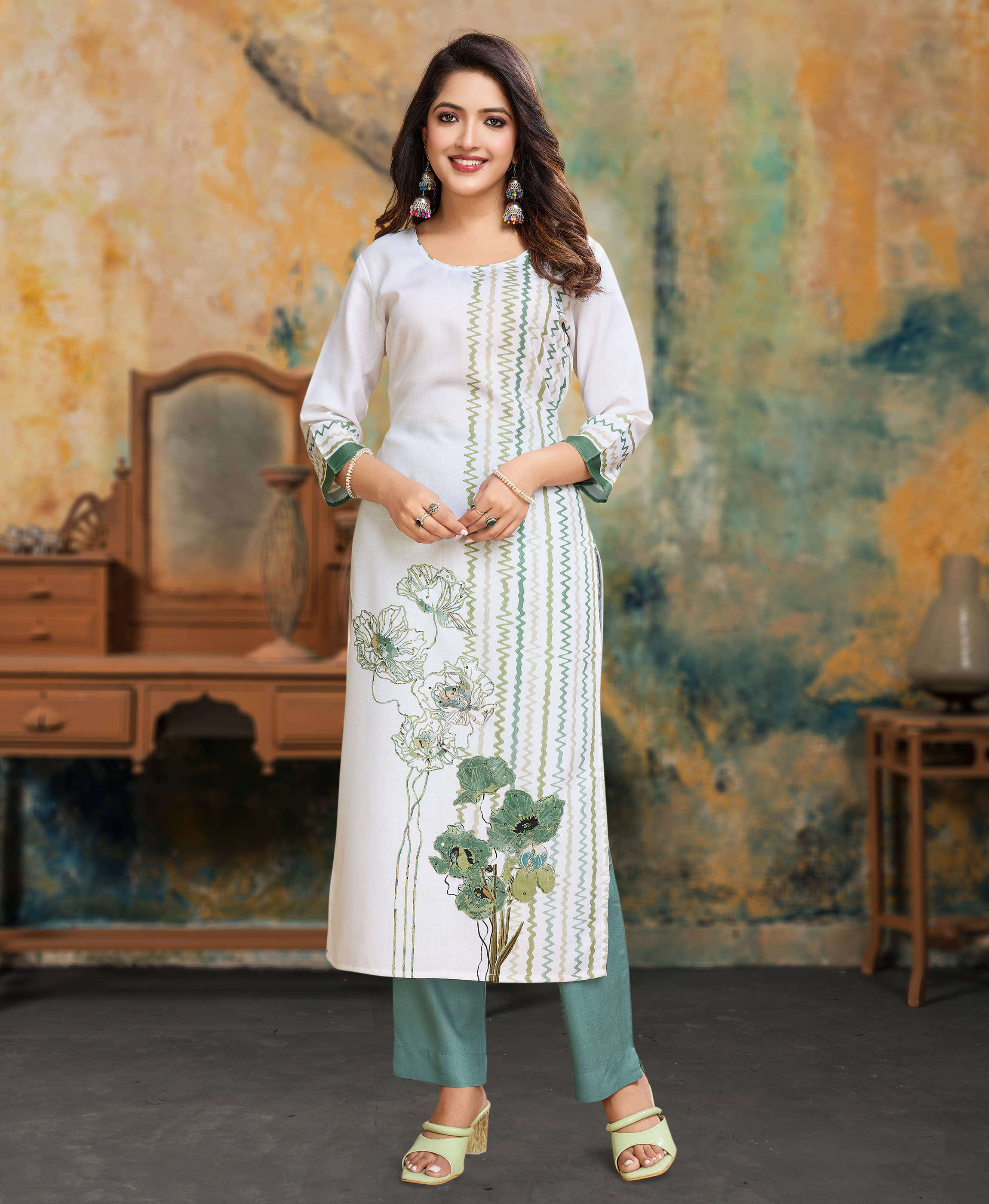 MOJILAA Women Linen Printed Straight Kurti With Pants ( White )     			MOJILAA Women Linen Printed Straight Kurti With Pants ( White )