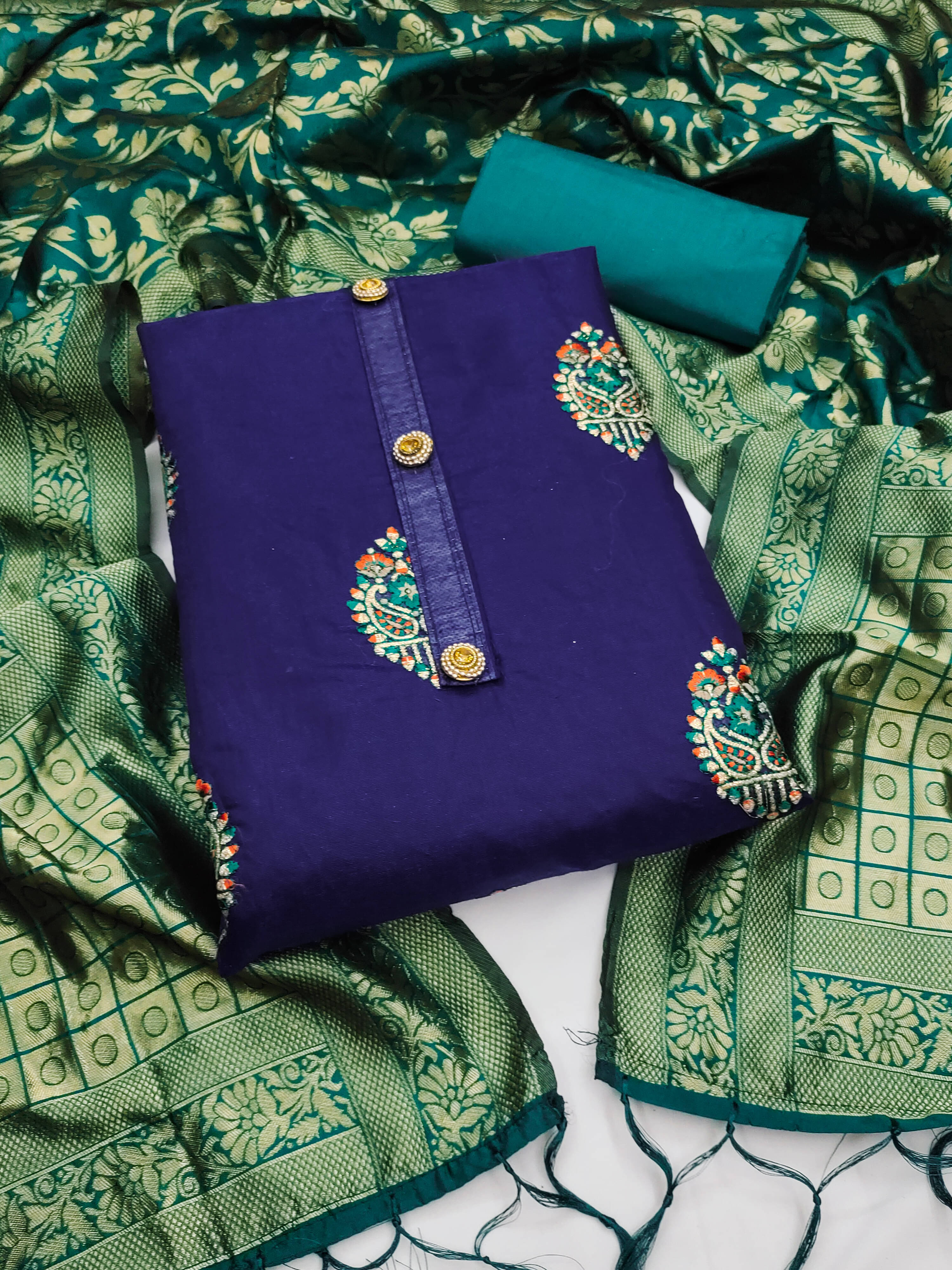     			Nayanthara Trends Women Chanderi Unstitched Dress Material ( Blue )