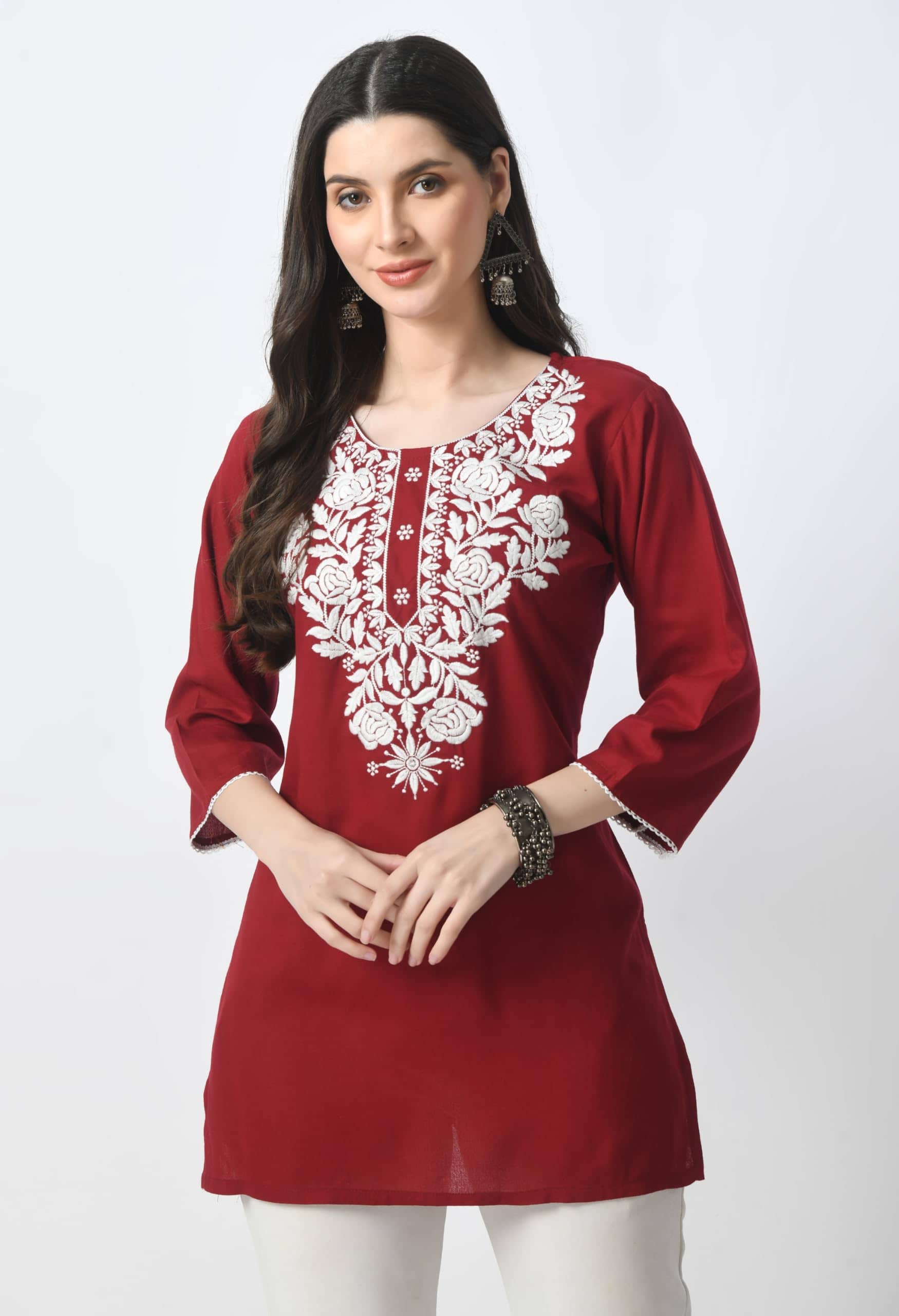 OMAYA Women Rayon Embroidered Straight Kurti ( Maroon ) - Kurtis, Tunics | Buy online on ZillyBuy