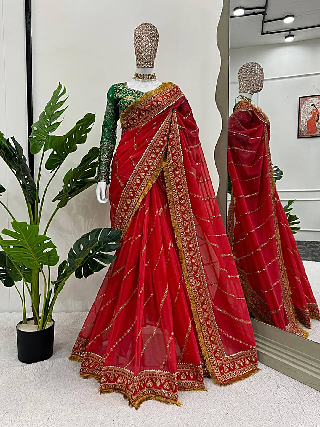     			Prazvika Organza Embroidered Chanderi saree With Unstitched Blouse Piece ( Red )