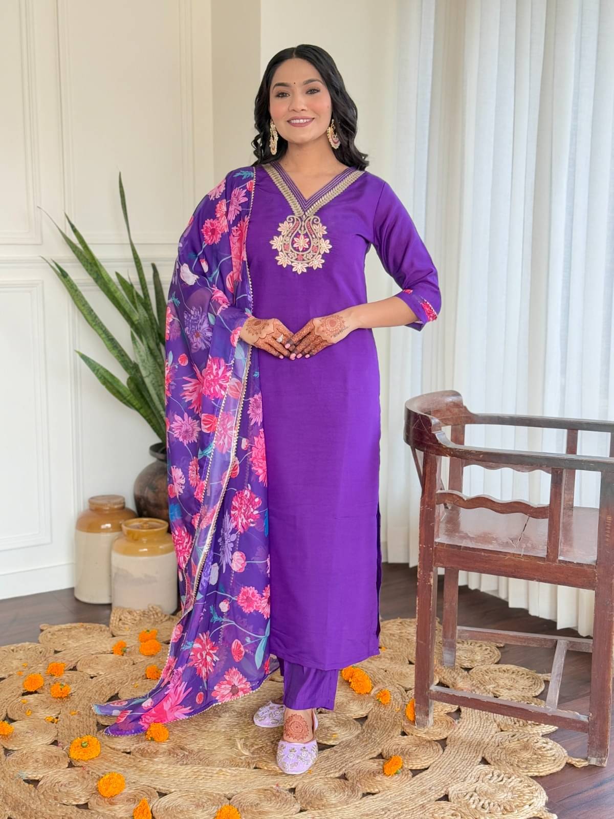     			RK FASHIONABLES Women Rayon Embroidered A-line Kurti With Pants ( Purple )