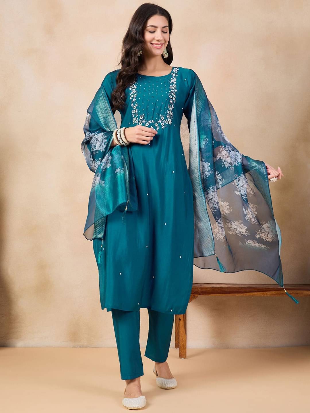     			RK FASHIONABLES Women Rayon Embroidered Straight Kurti With Pants ( Blue )