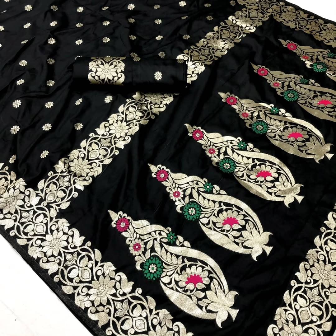 Semore Art Silk Solid Banarasi saree With Unstitched Blouse Piece ( Black ) Semore Art Silk Solid Banarasi saree With Unstitched Blouse Piece ( Black )