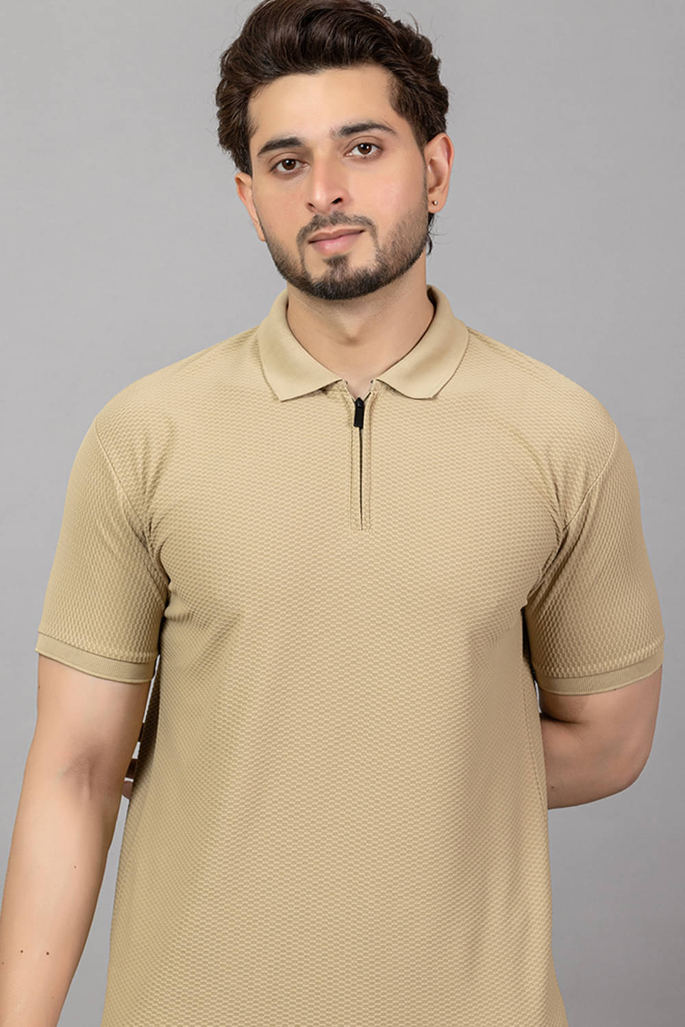     			TRIUS Men Cotton Blend Regular Fit Self Design Polo T Shirt ( Beige )