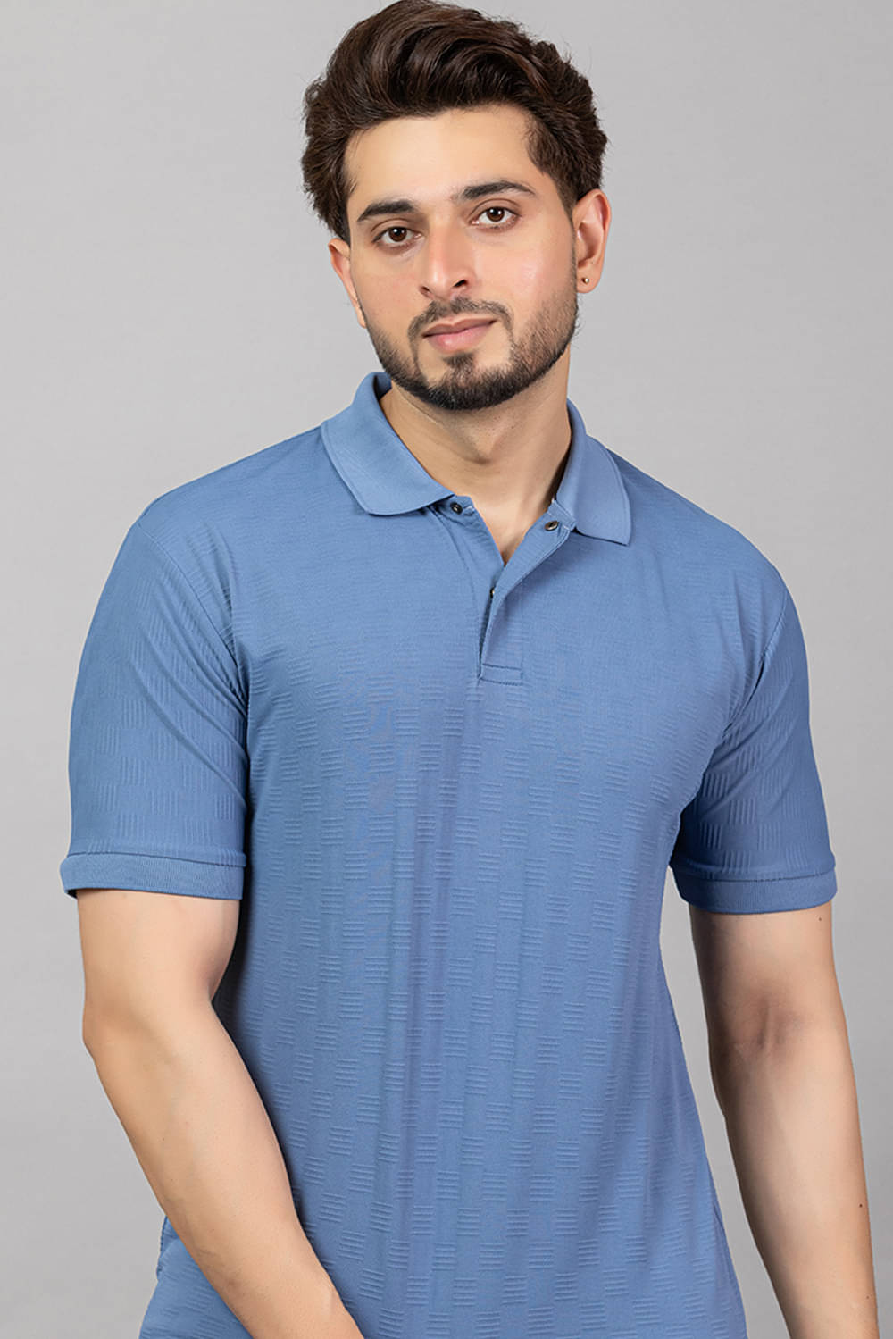     			TRIUS Men Cotton Blend Regular Fit Self Design Polo T Shirt ( Blue )