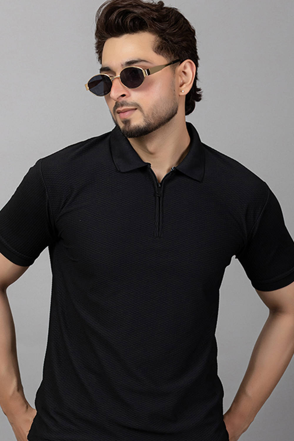     			TRIUS Men Cotton Blend Regular Fit Self Design Polo T Shirt ( Black )