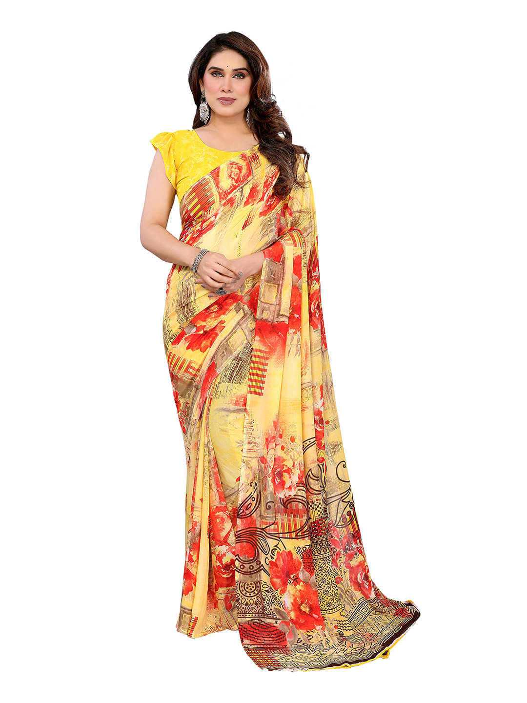 ANAND SAREES Georgette Printed Ilkal Saree With Unstitched Blouse Piece ( Yellow ) ANAND SAREES Georgette Printed Ilkal Saree With Unstitched Blouse Piece ( Yellow )
